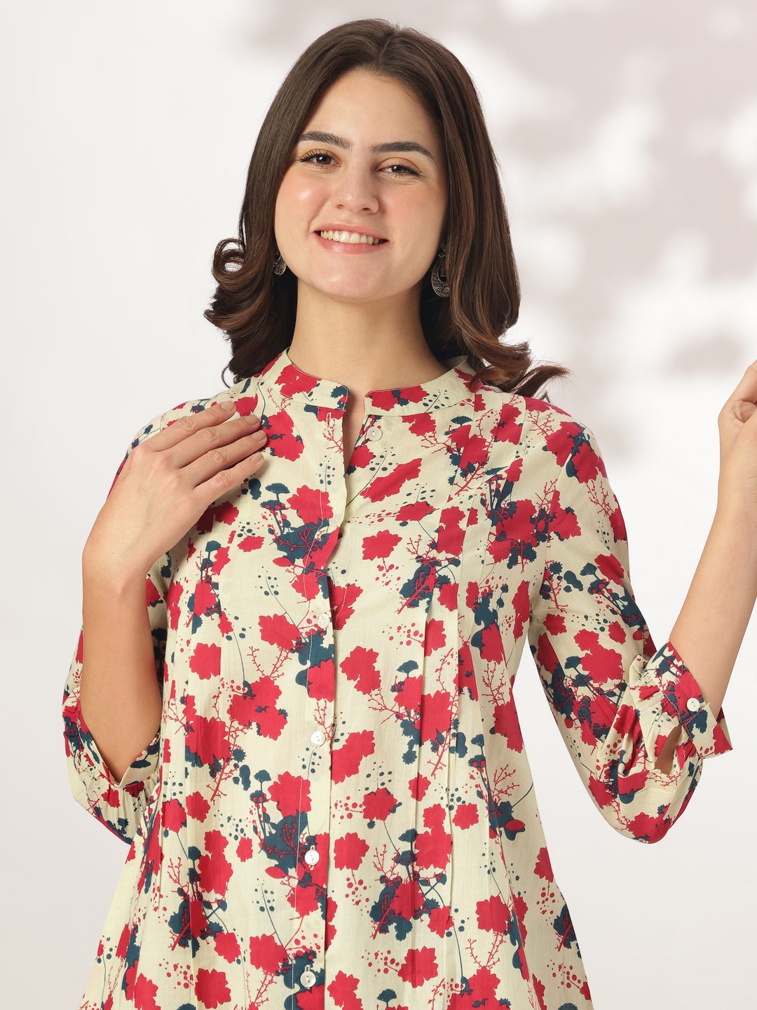 Cream Pure Cotton Floral Printed A-line Tunic - qivii