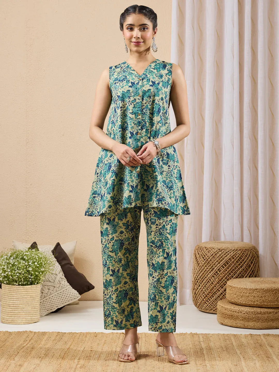 Janasya Women's Light Green Pure Cotton Floral Printed A-line Co-ord Set
