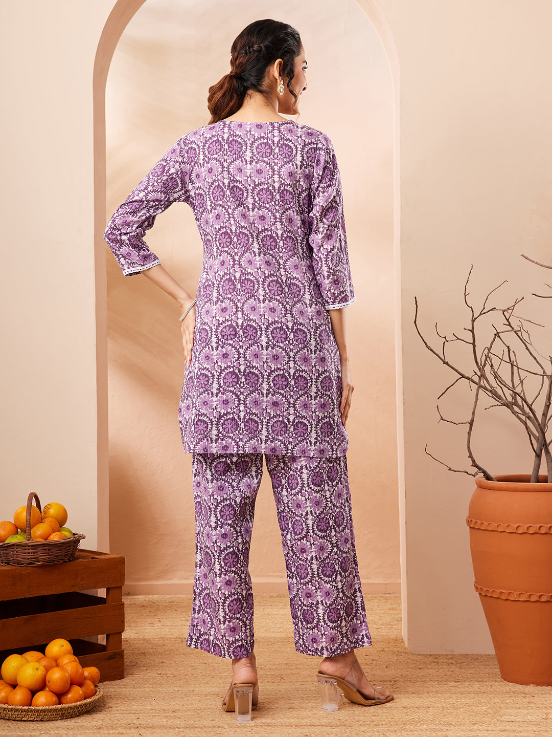 Janasya Women's Purple Pure Cotton Floral Printed Straight Co-ord Set