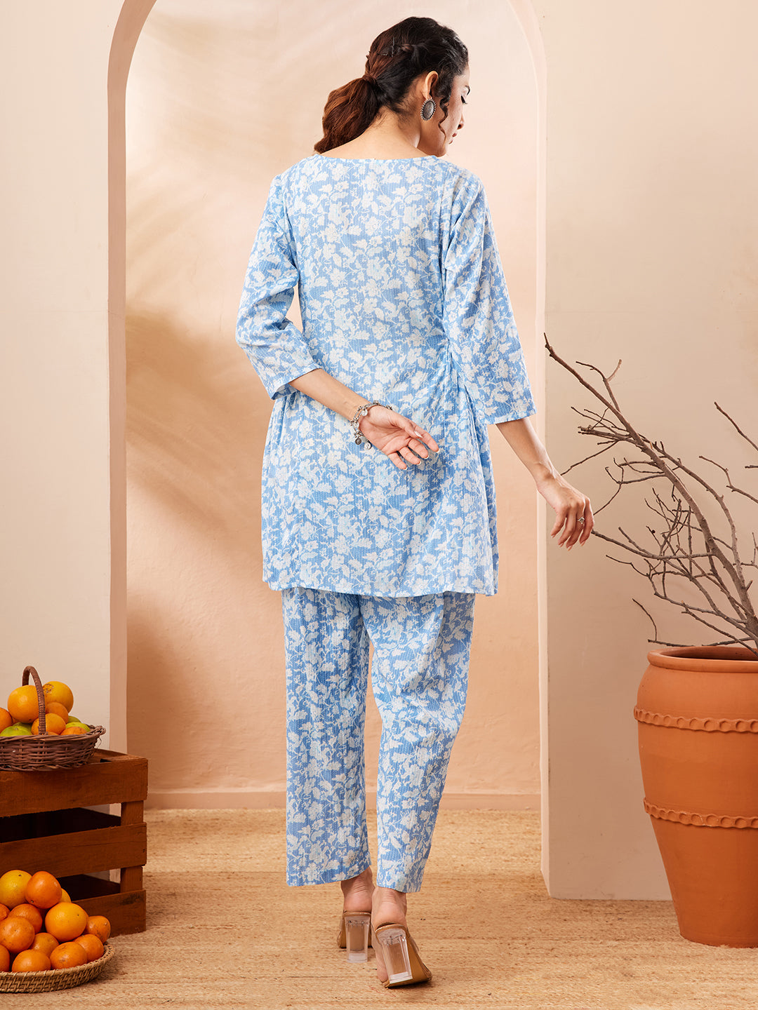 Janasya Women's Light Blue Pure Cotton Floral Printed A-line Co-ord Set