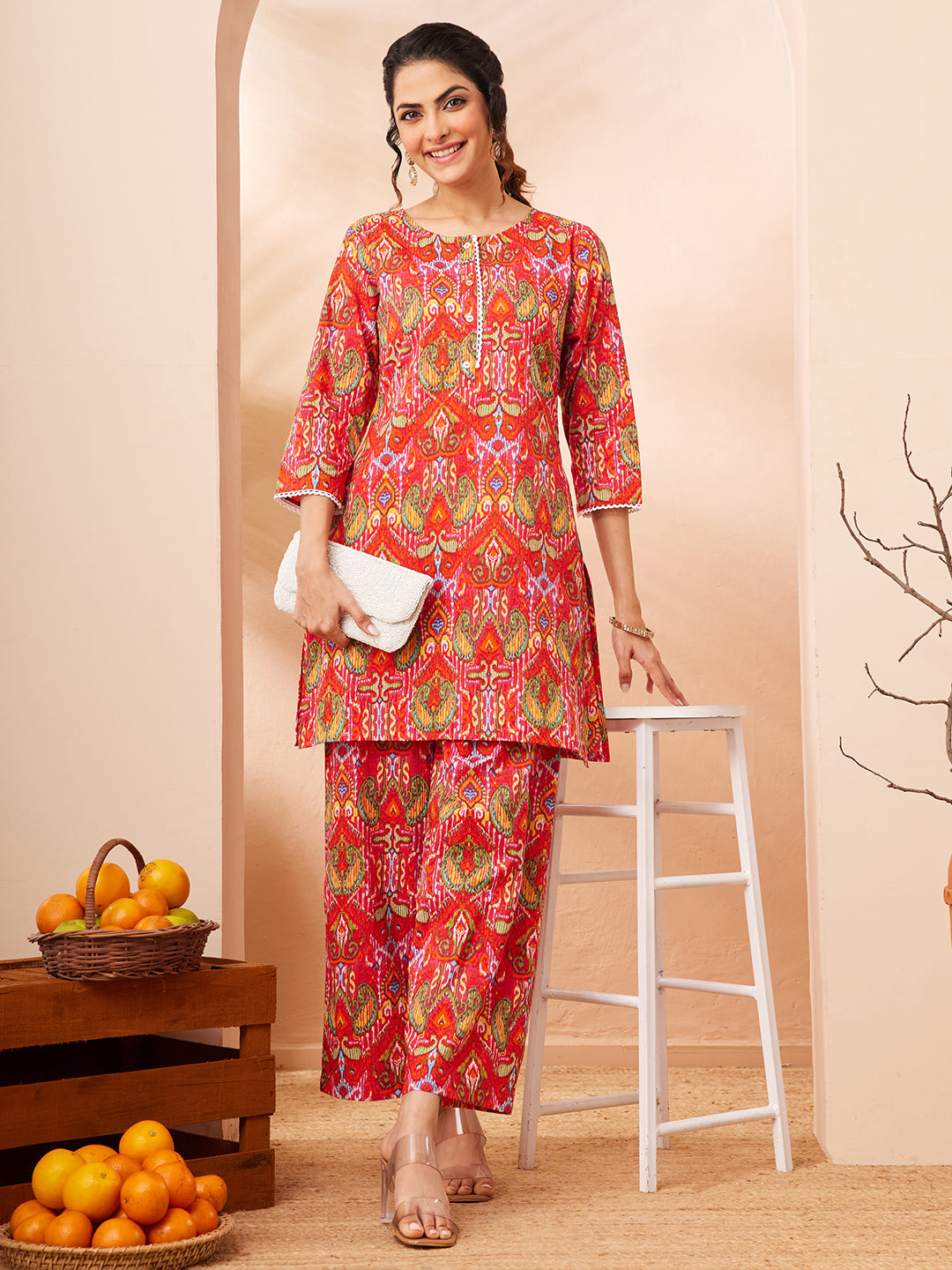 Janasya Women's Multi Pure Cotton Ikkat Printed Straight Co-ord Set