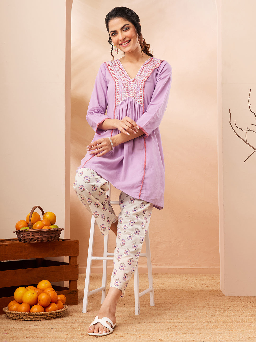 Janasya Women's Lavender Pure Cotton Yoke Embroidered A-line Co-ord Set