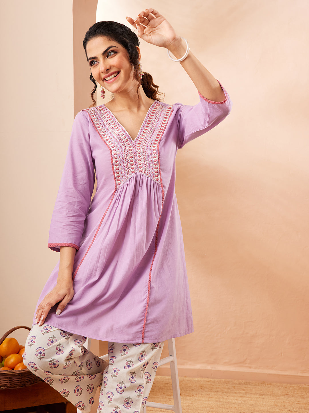 Janasya Women's Lavender Pure Cotton Yoke Embroidered A-line Co-ord Set