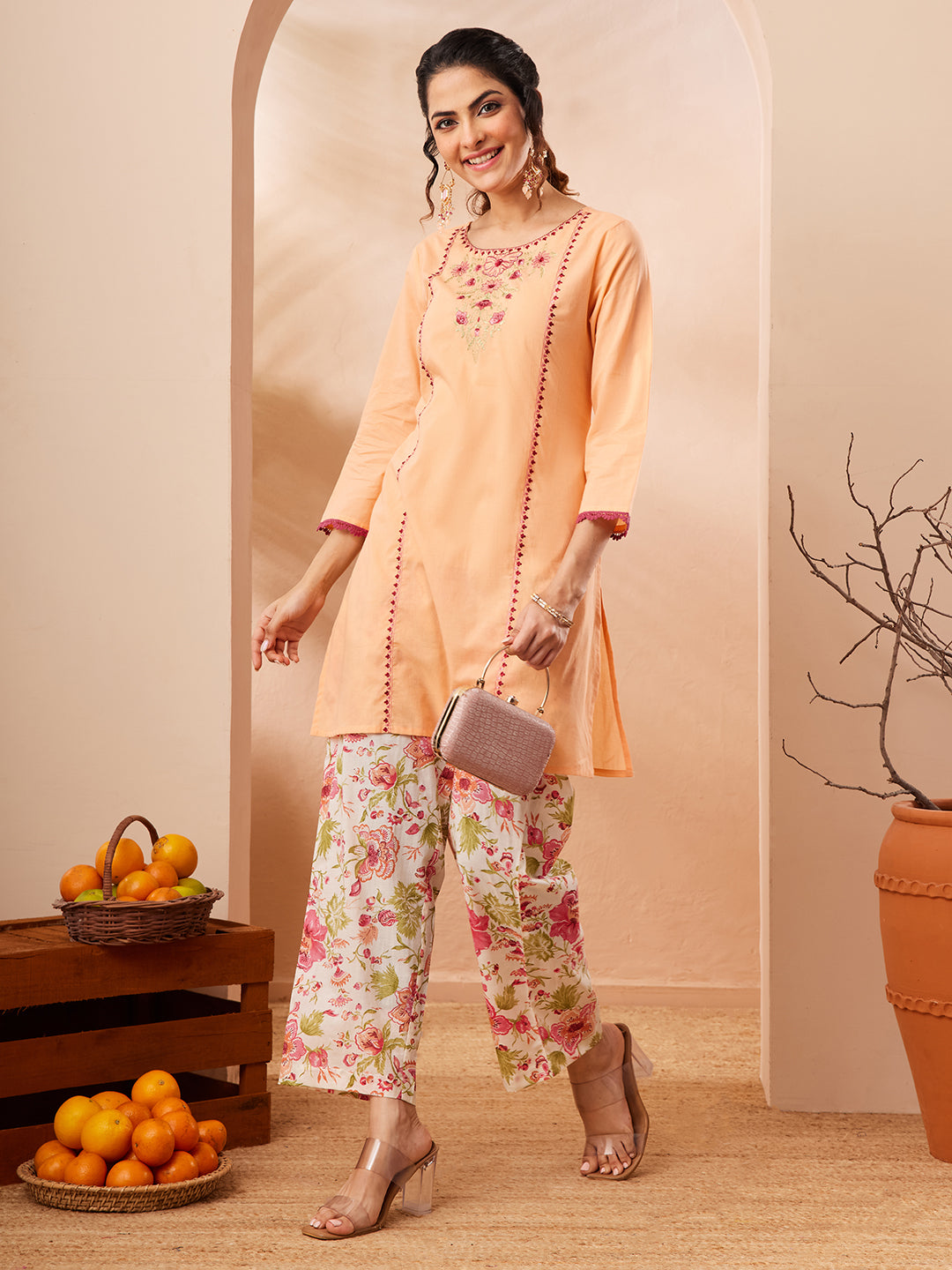 Janasya Women's Peach Pure Cotton Yoke Embroidered Straight Co-ord Set
