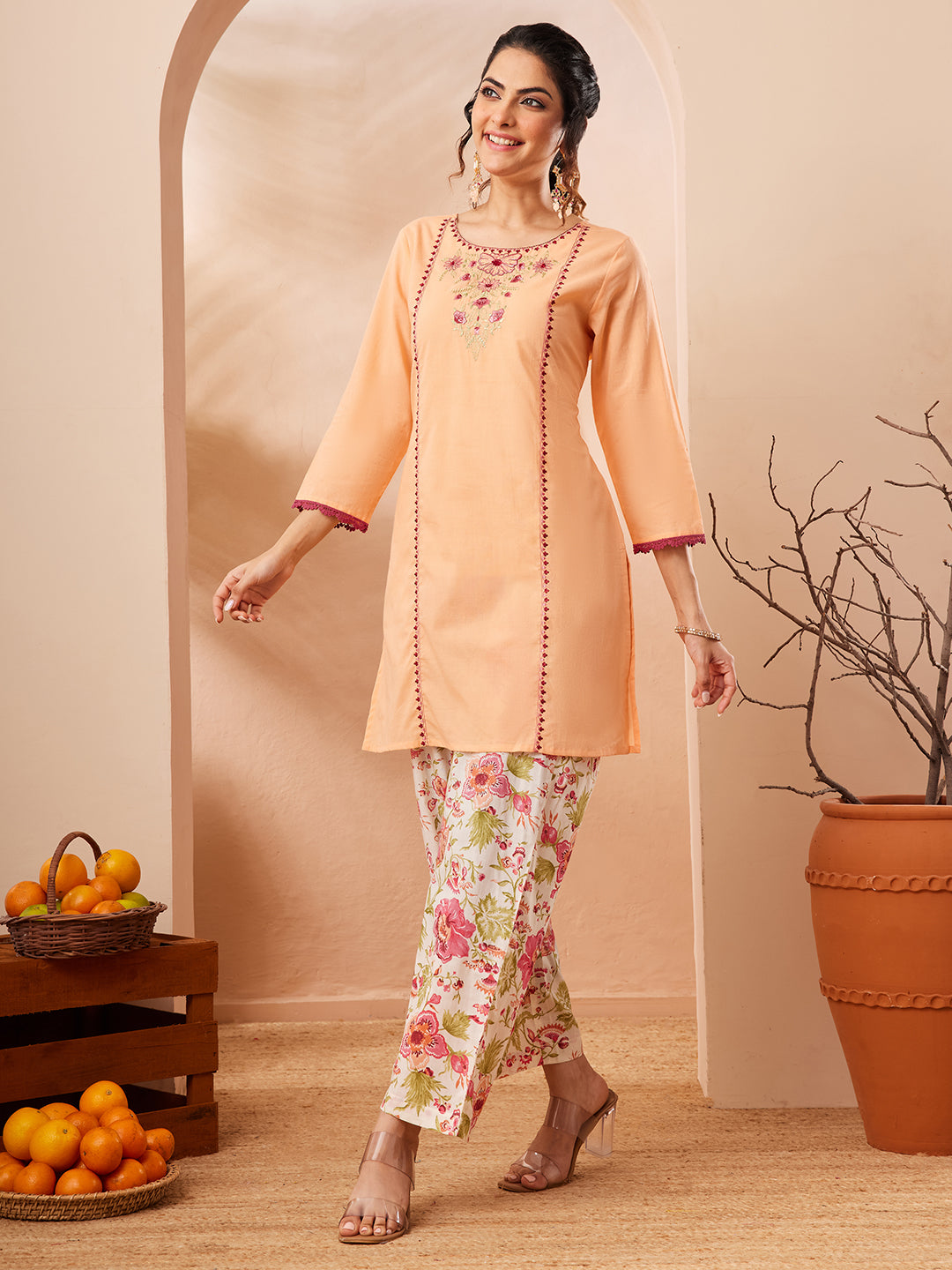 Janasya Women's Peach Pure Cotton Yoke Embroidered Straight Co-ord Set
