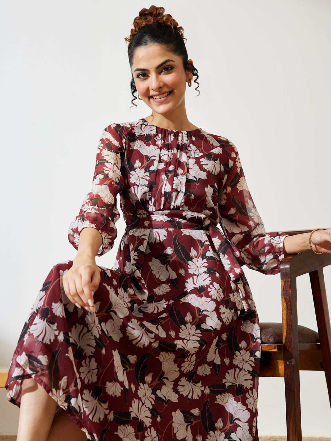 Janasya Women's Brown Chiffon Floral Printed A-line Gathered Dress