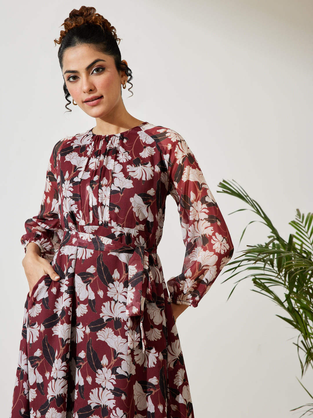 Janasya Women's Brown Chiffon Floral Printed A-line Gathered Dress