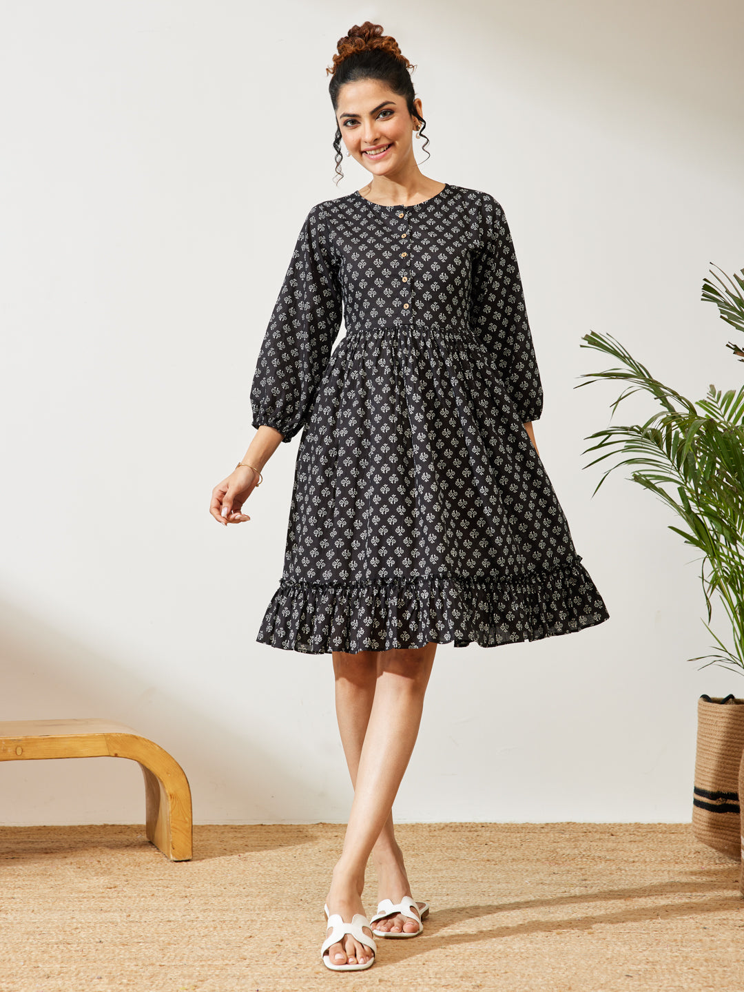 Janasya Women's Black Pure Cotton Floral Printed A-line Dress