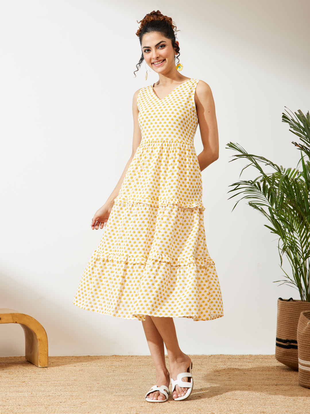 Janasya Women's Yellow Pure Cotton Floral Printed Tiered Dress