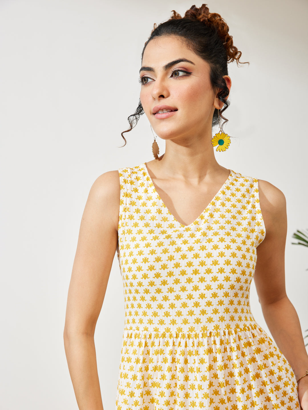 Janasya Women's Yellow Pure Cotton Floral Printed Tiered Dress