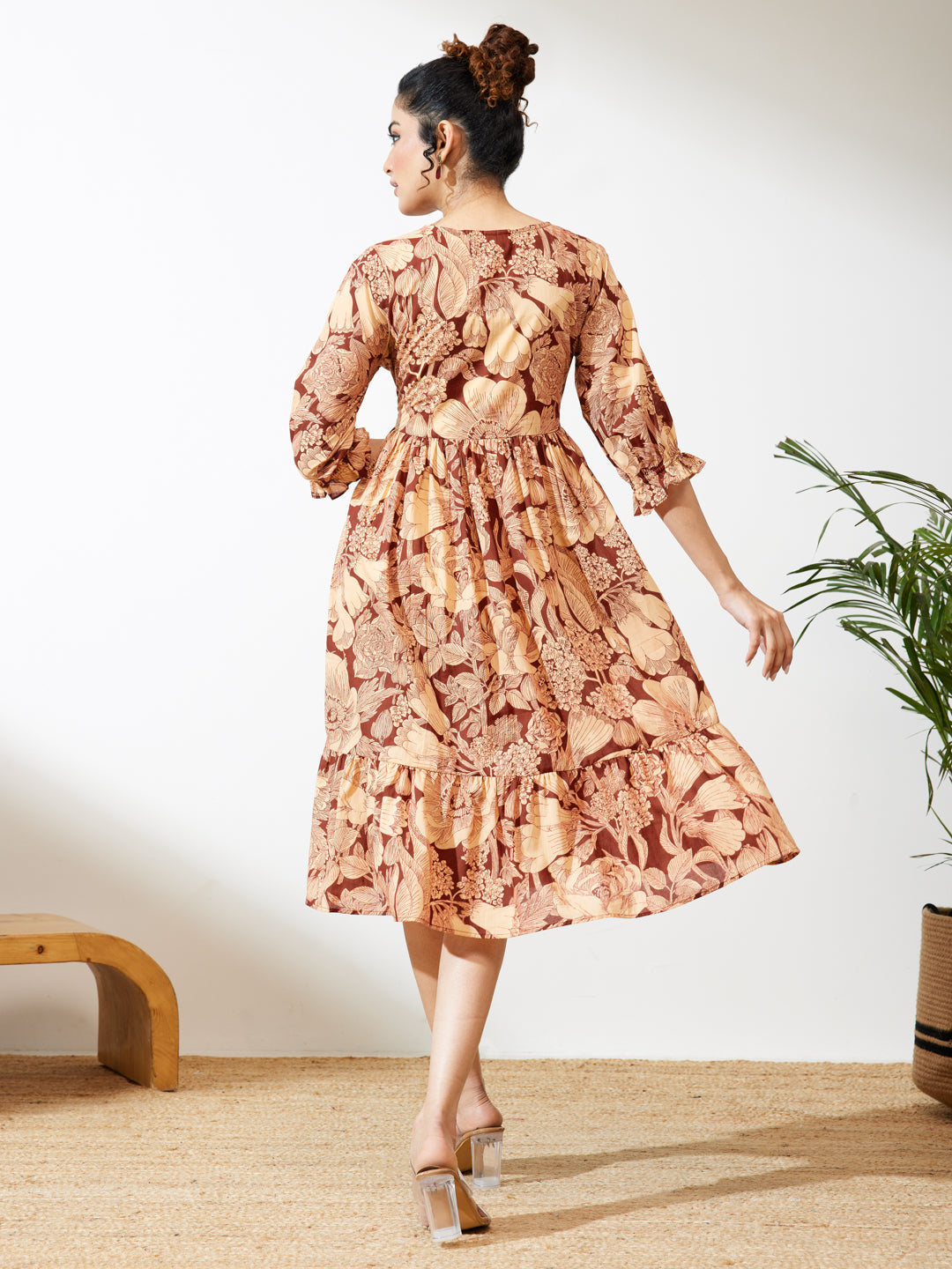 Janasya Women's Maroon Pure Cotton Floral Printed Flared Dress