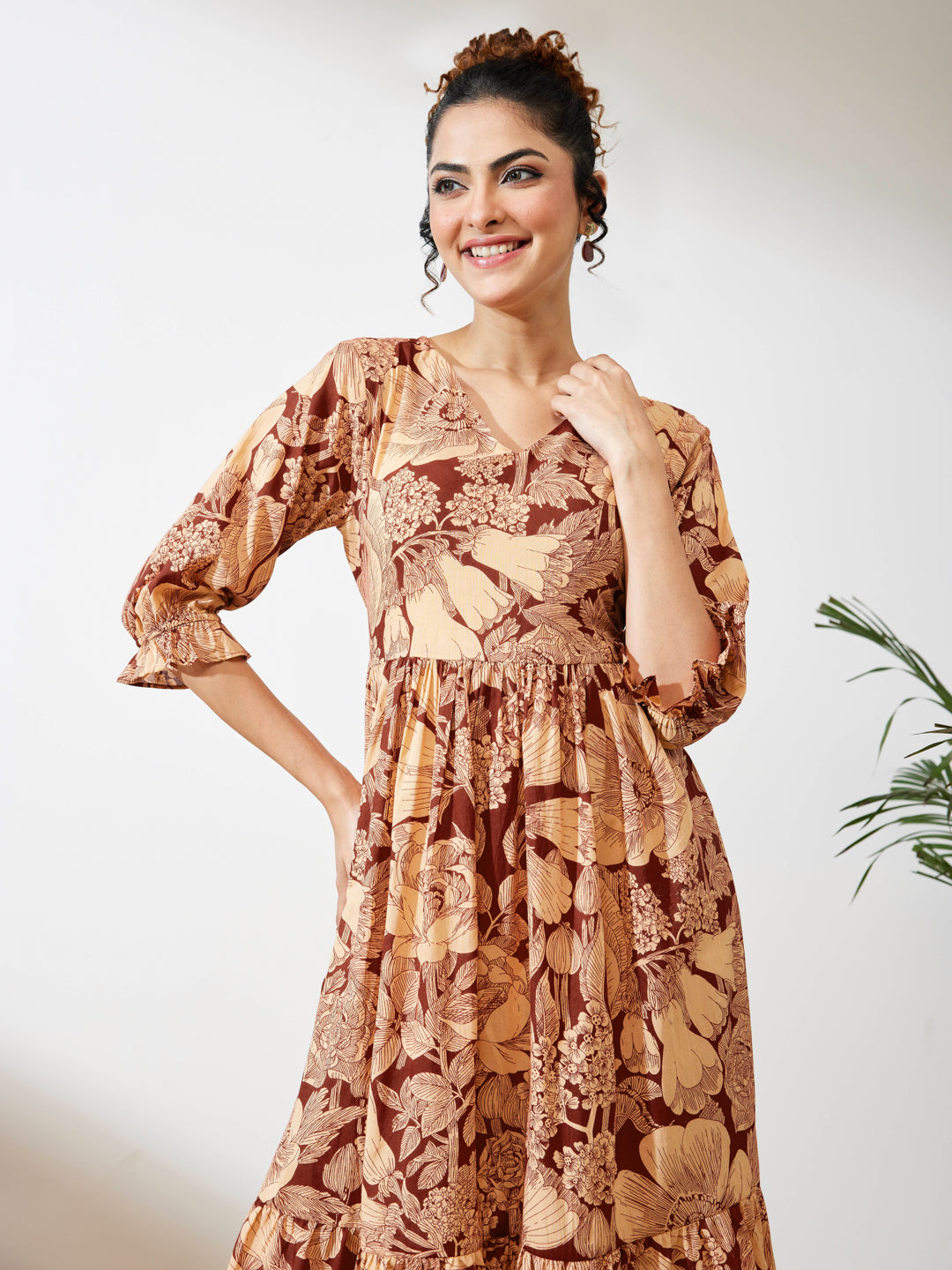 Janasya Women's Maroon Pure Cotton Floral Printed Flared Dress