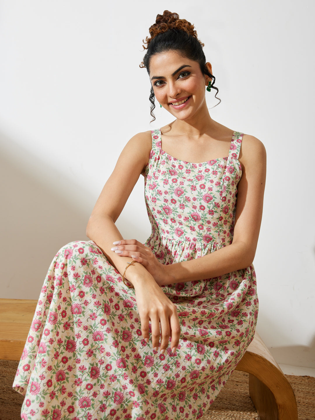 Janasya Women's Off White Pure Cotton Floral Printed A-line Dress