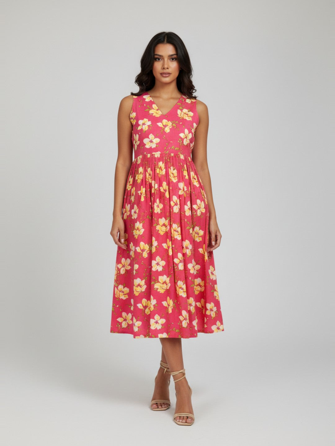 Janasya Women's Pink Pure Cotton Floral Printed A-line Dress