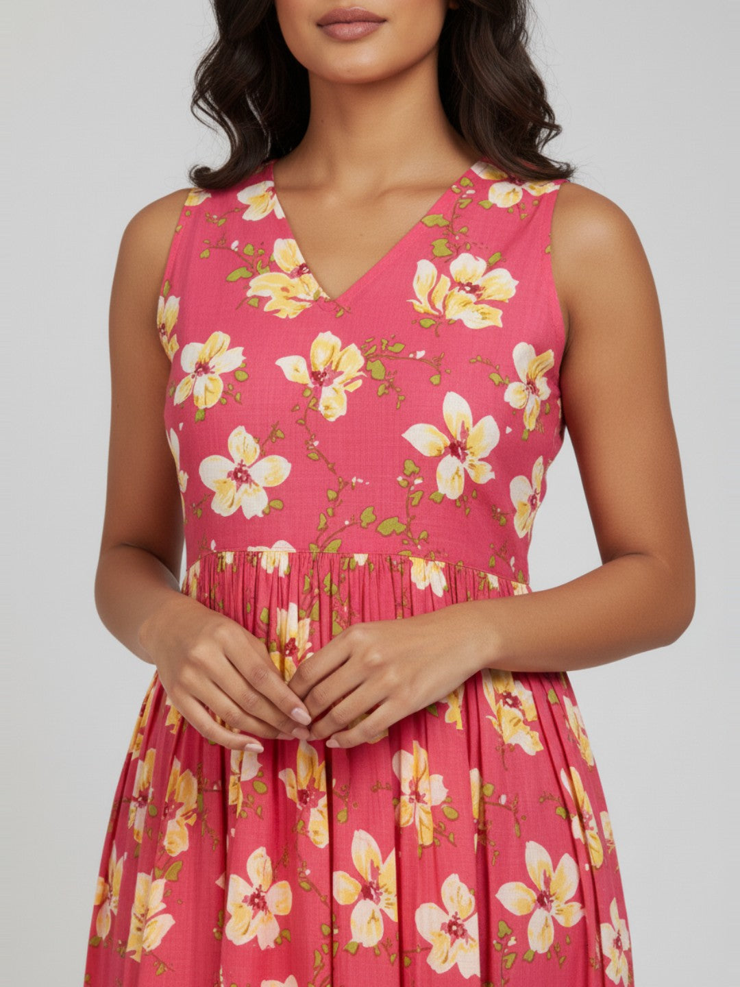 Janasya Women's Pink Pure Cotton Floral Printed A-line Dress