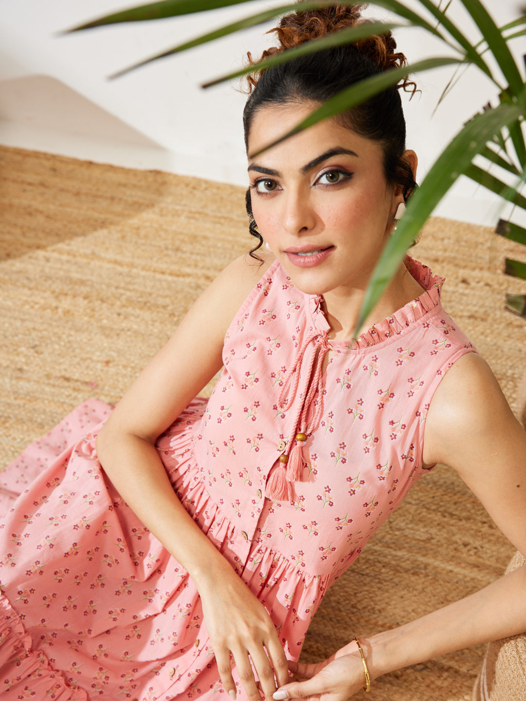 Janasya Women's Peach Cotton Floral Printed Fit & Flare Dress