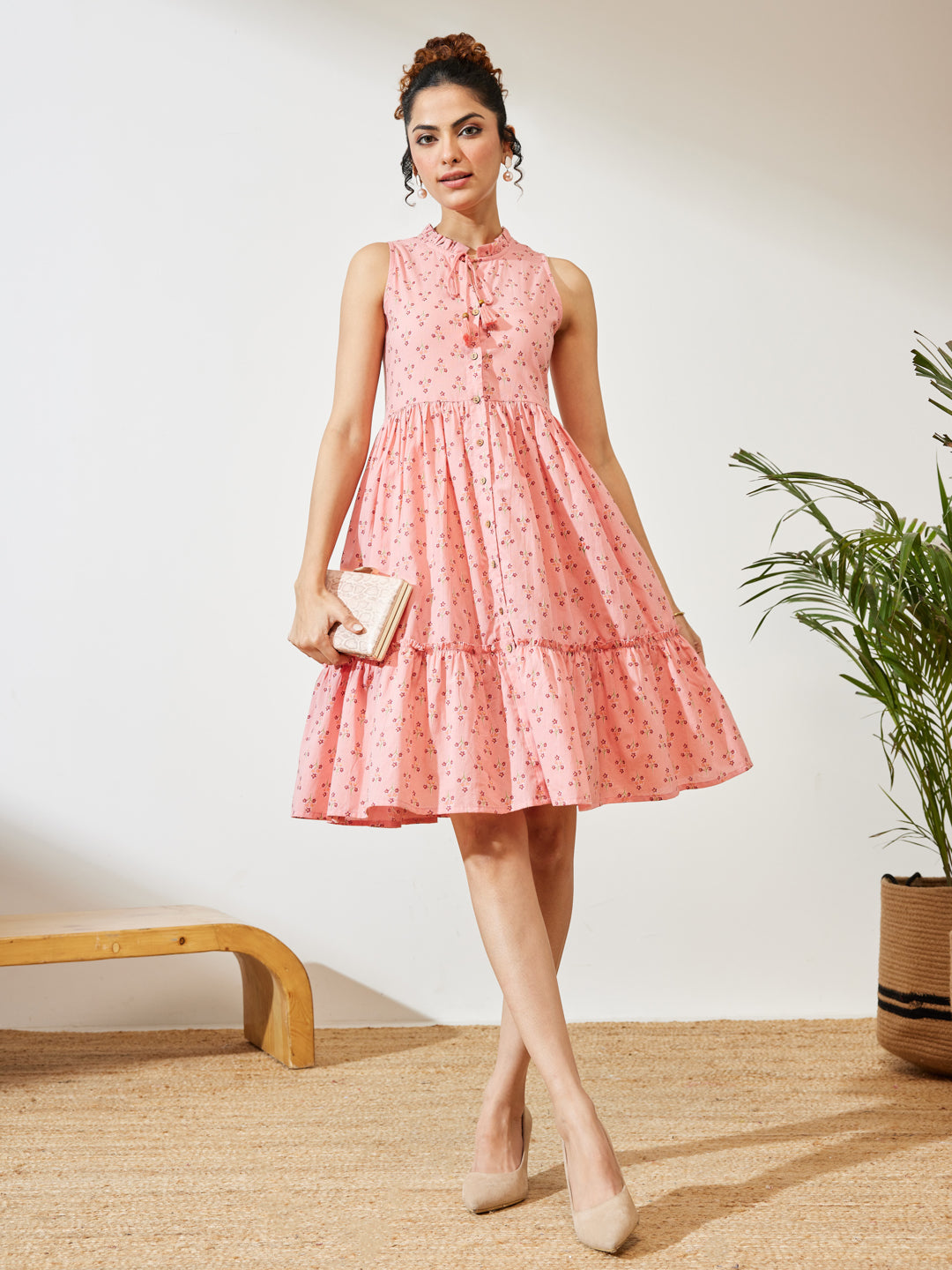 Janasya Women's Peach Cotton Floral Printed Fit & Flare Dress