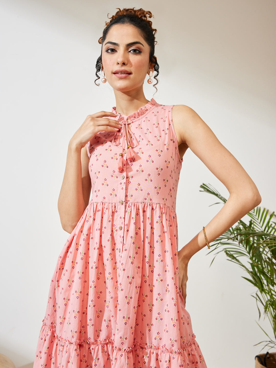 Janasya Women's Peach Cotton Floral Printed Fit & Flare Dress