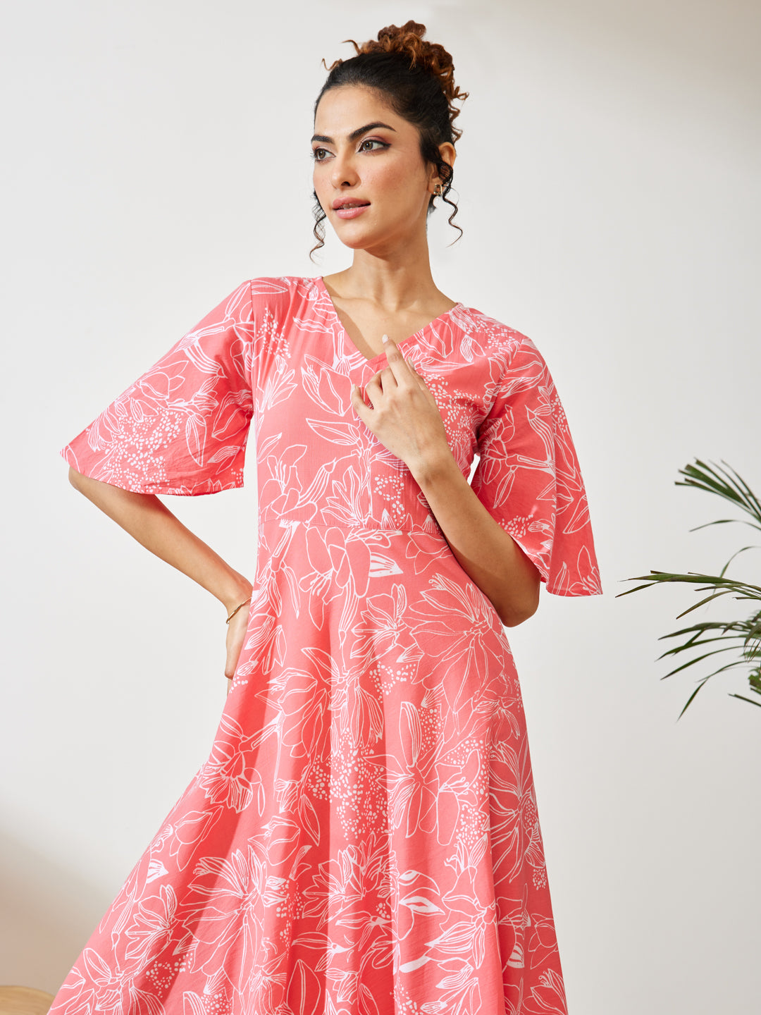 Janasya Women's Peach Cotton Floral Printed A-line Dress