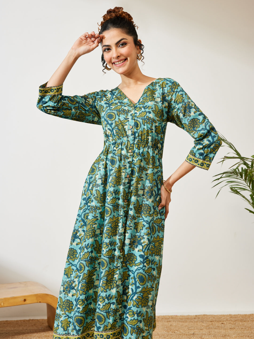 Janasya Women's Teal Blue Pure Cotton Floral Printed A-line Dress