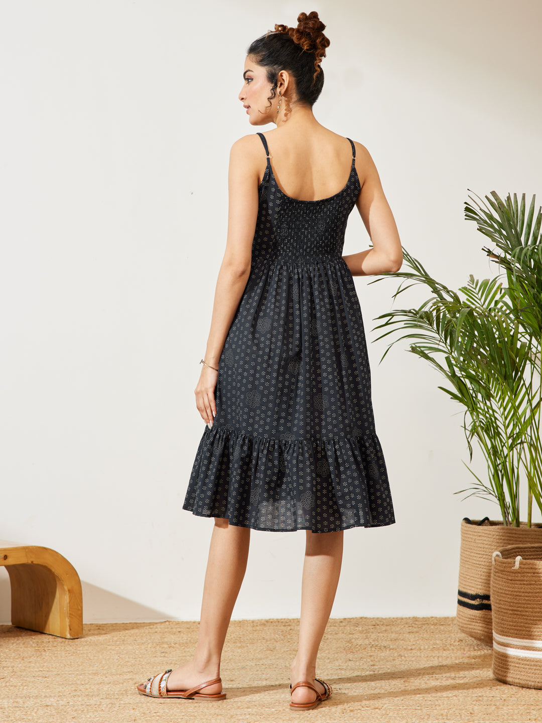 Janasya Women's Navy Blue Pure Cotton Ethnic Motifs Printed A-line Dress