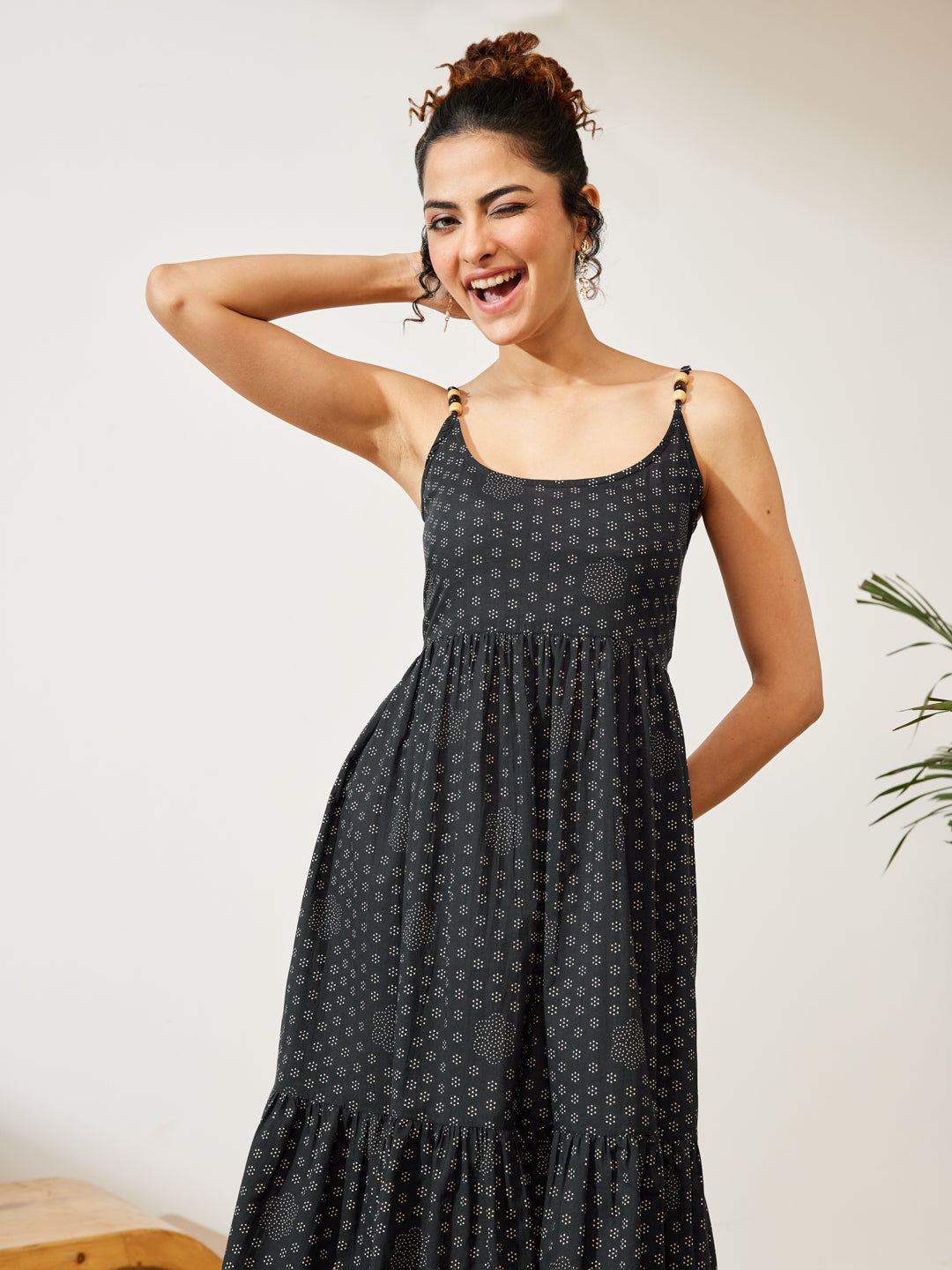 Janasya Women's Navy Blue Pure Cotton Ethnic Motifs Printed A-line Dress