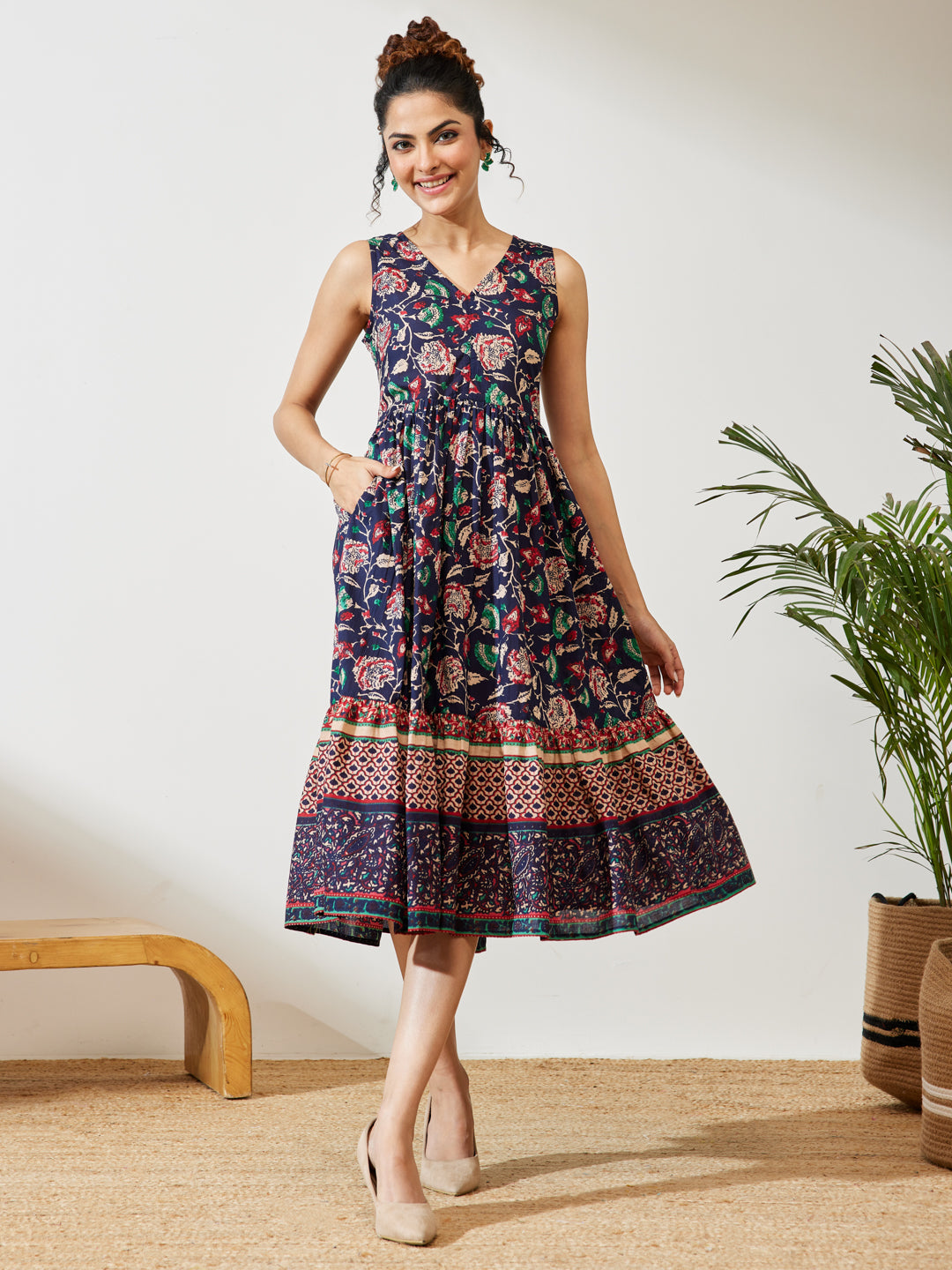 Janasya Women's Navy Blue Pure Cotton Floral Prinrted Gathered Dress