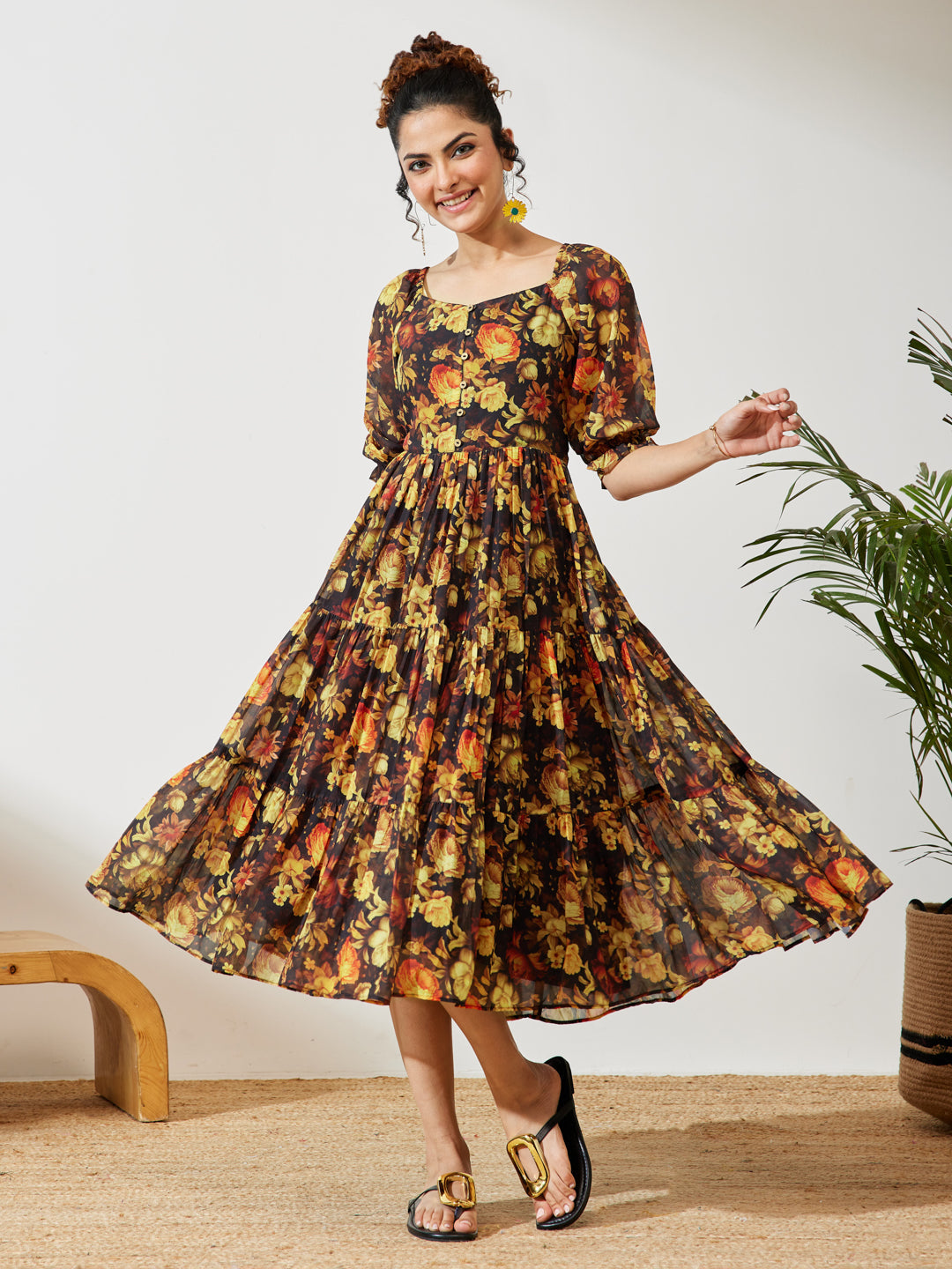 Janasya Women's Black Georgette Floral Printed Tiered Dress