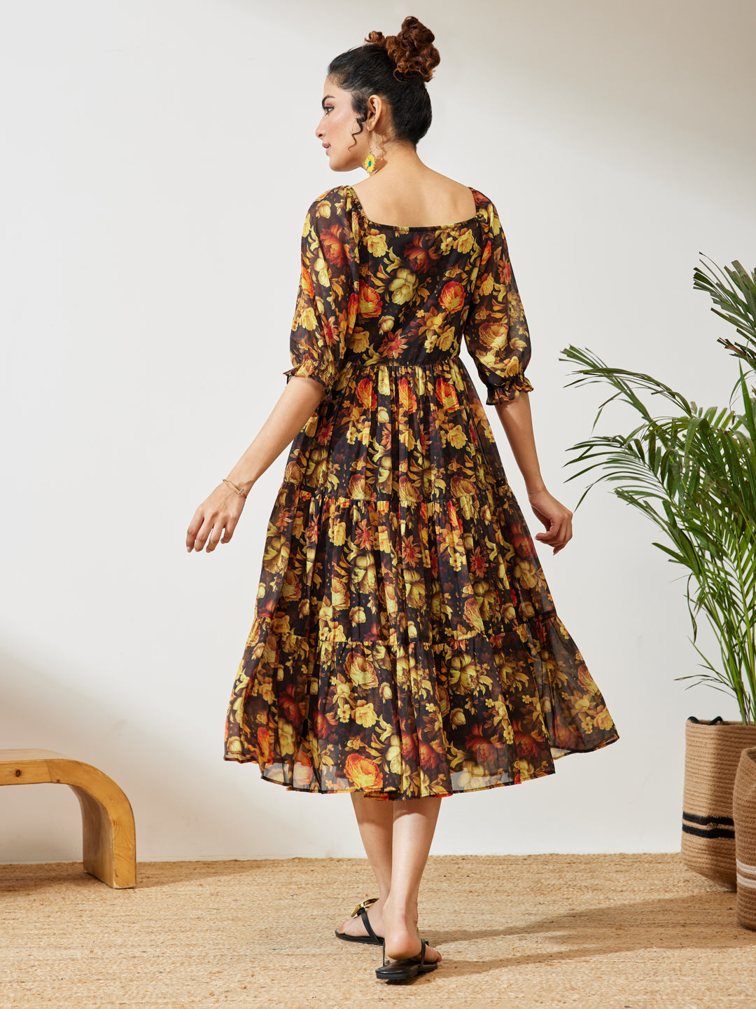 Janasya Women's Black Georgette Floral Printed Tiered Dress