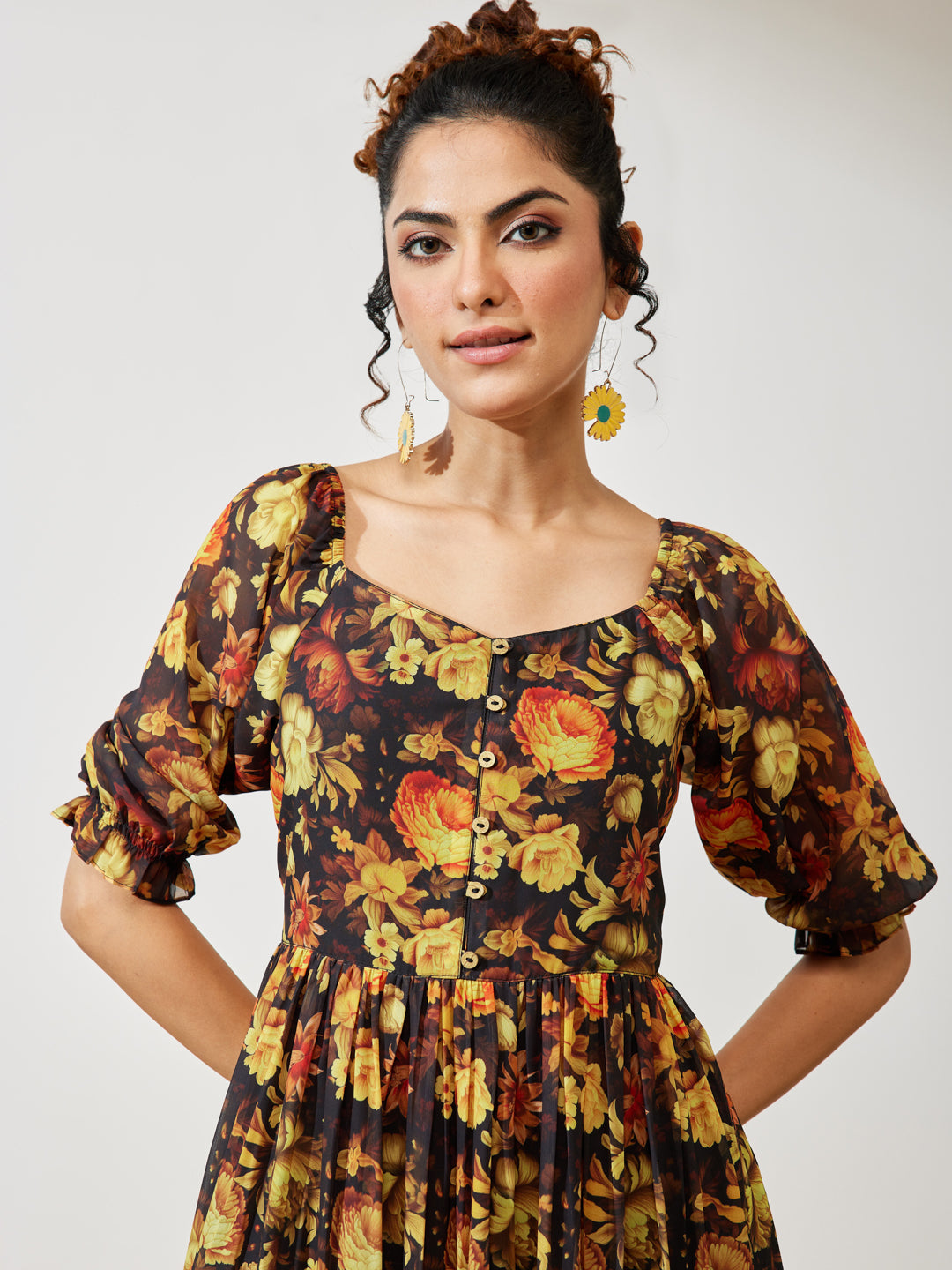 Janasya Women's Black Georgette Floral Printed Tiered Dress