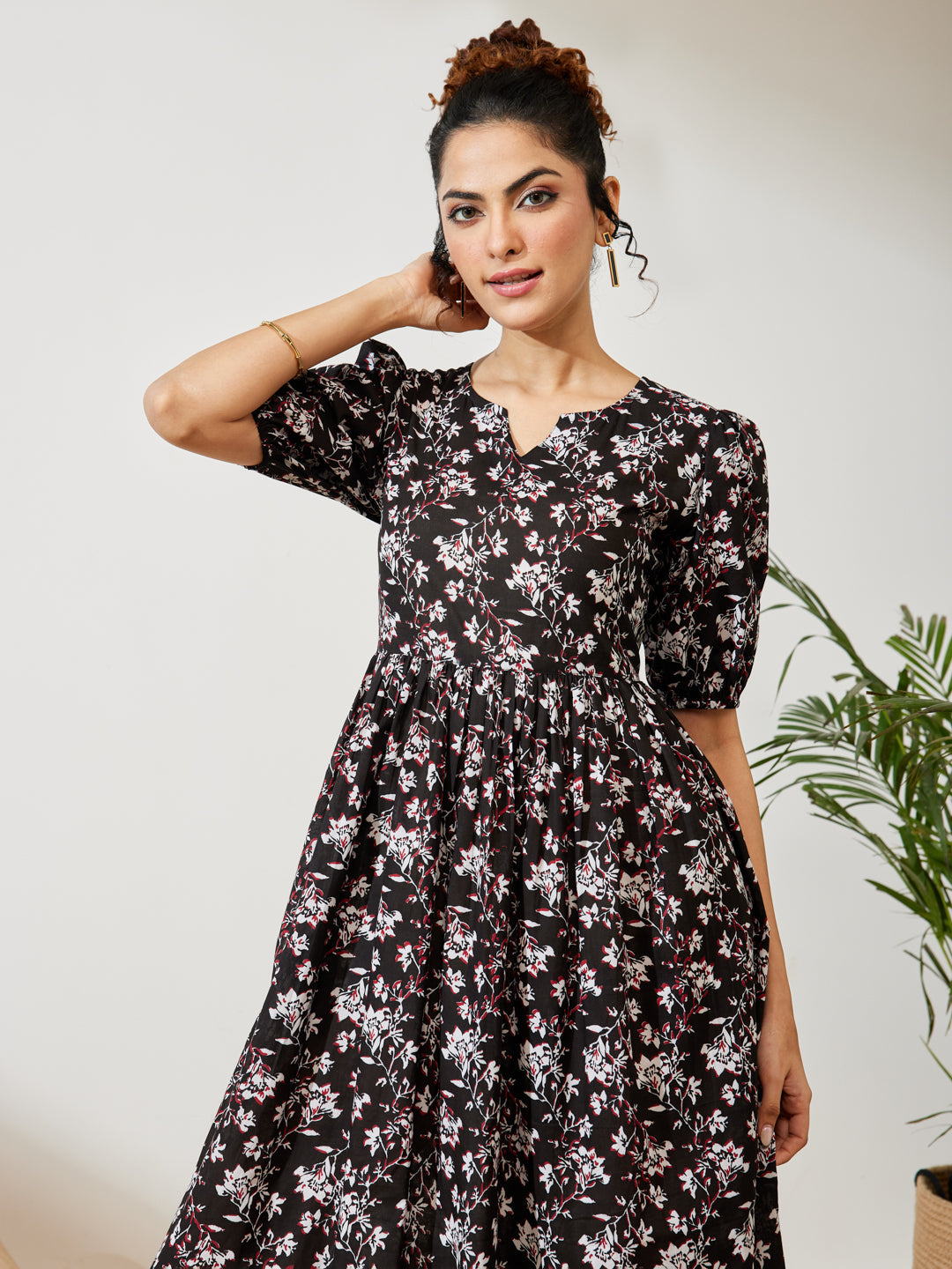 Janasya Women's Black Pure Cotton Floral Printed Gathered Dress