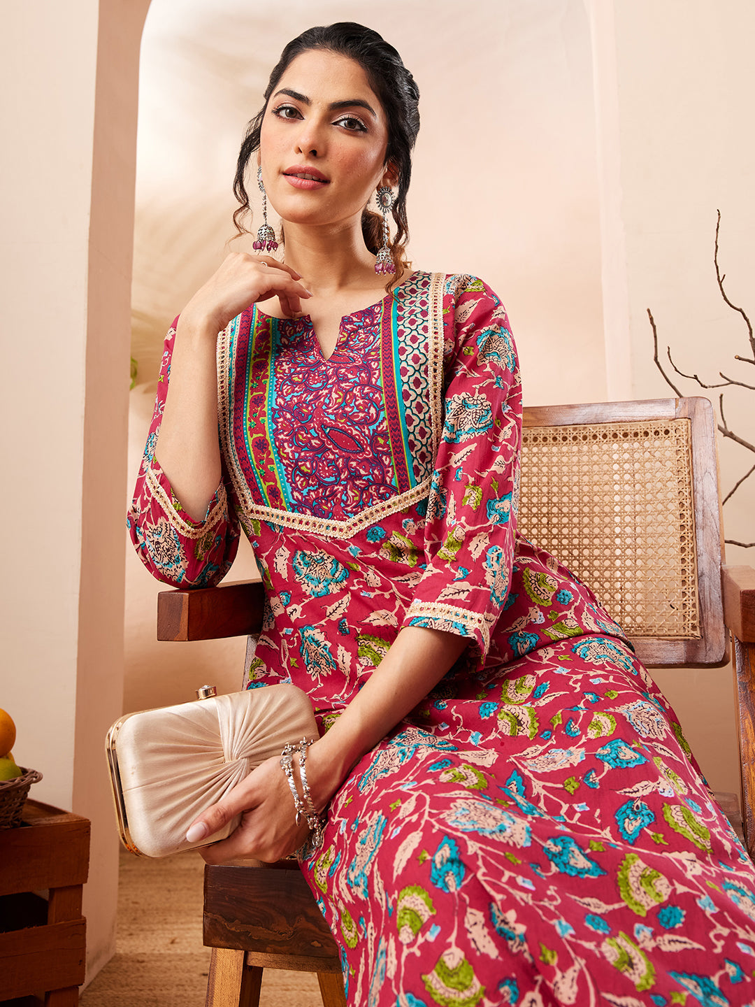 Janasya Women's Pink Pure Cotton Floral Printed Straight Kurta Pant Set