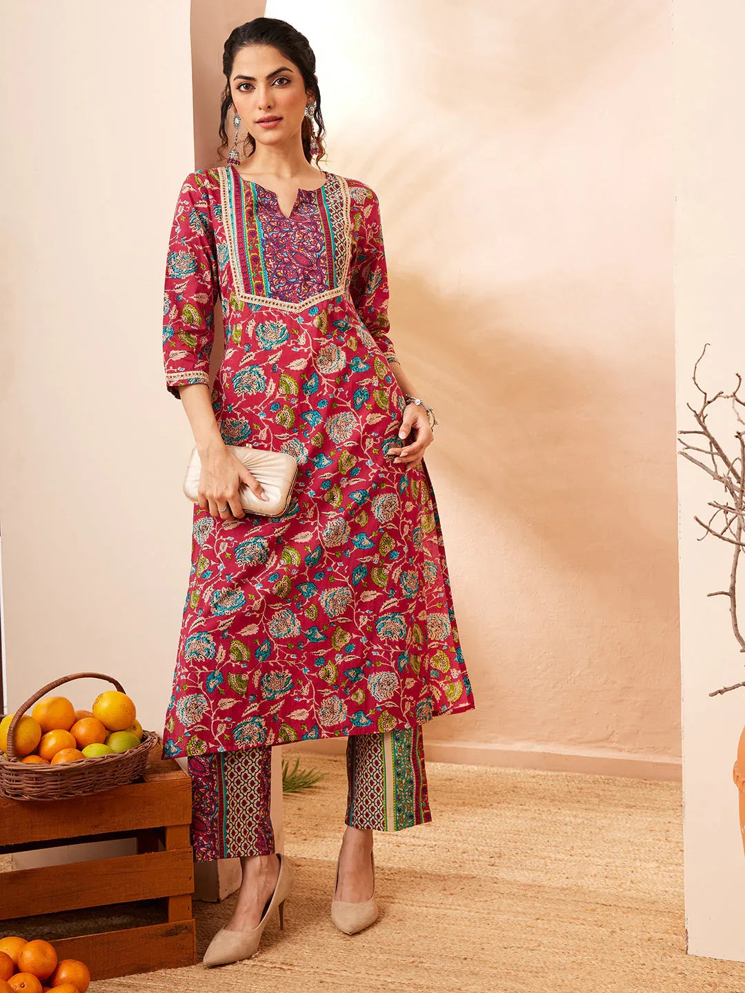 Janasya Women's Pink Pure Cotton Floral Printed Straight Kurta Pant Set