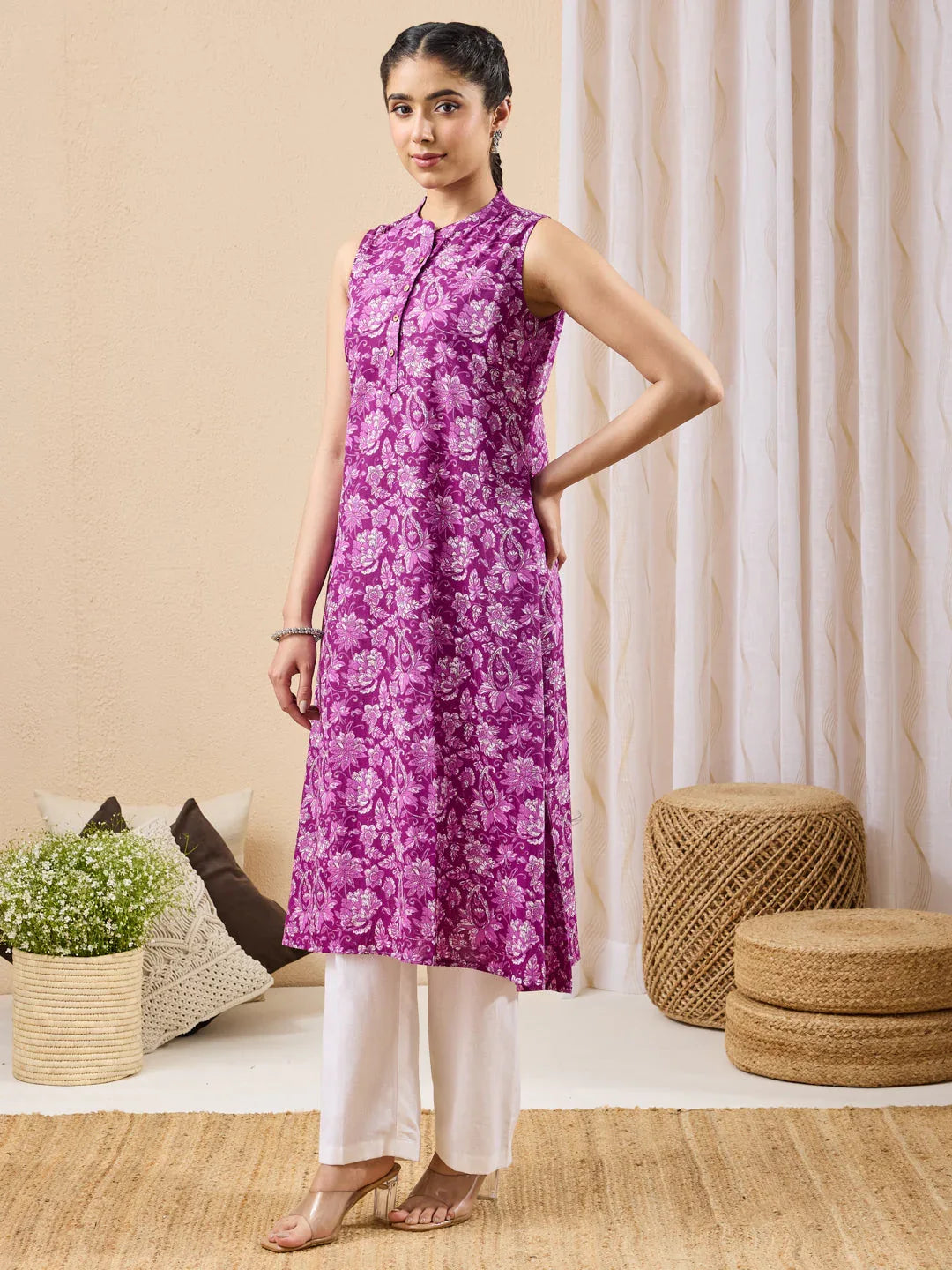 Janasya Women's Purple Pure Cotton Floral Printed A-line Kurta