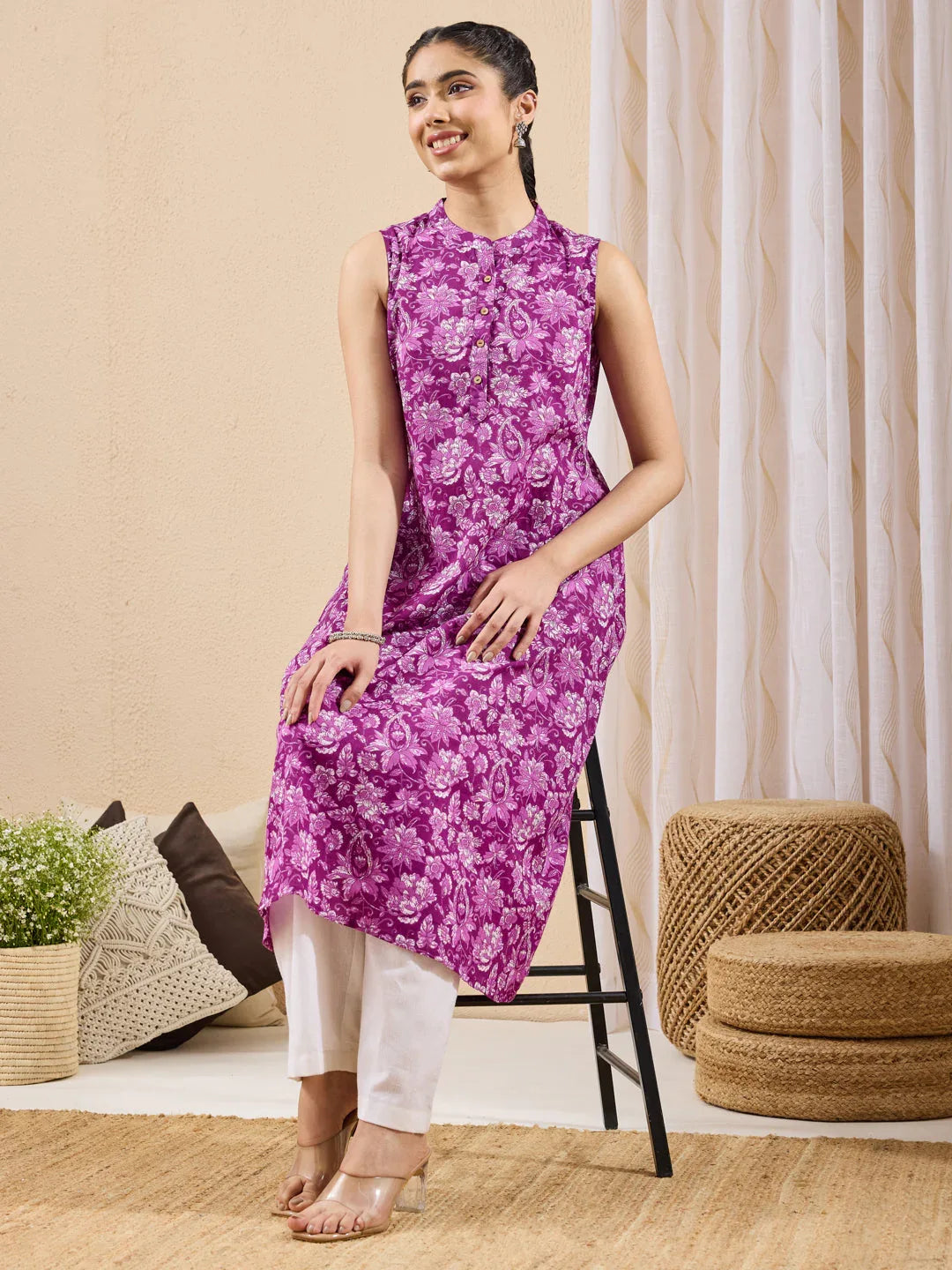 Janasya Women's Purple Pure Cotton Floral Printed A-line Kurta