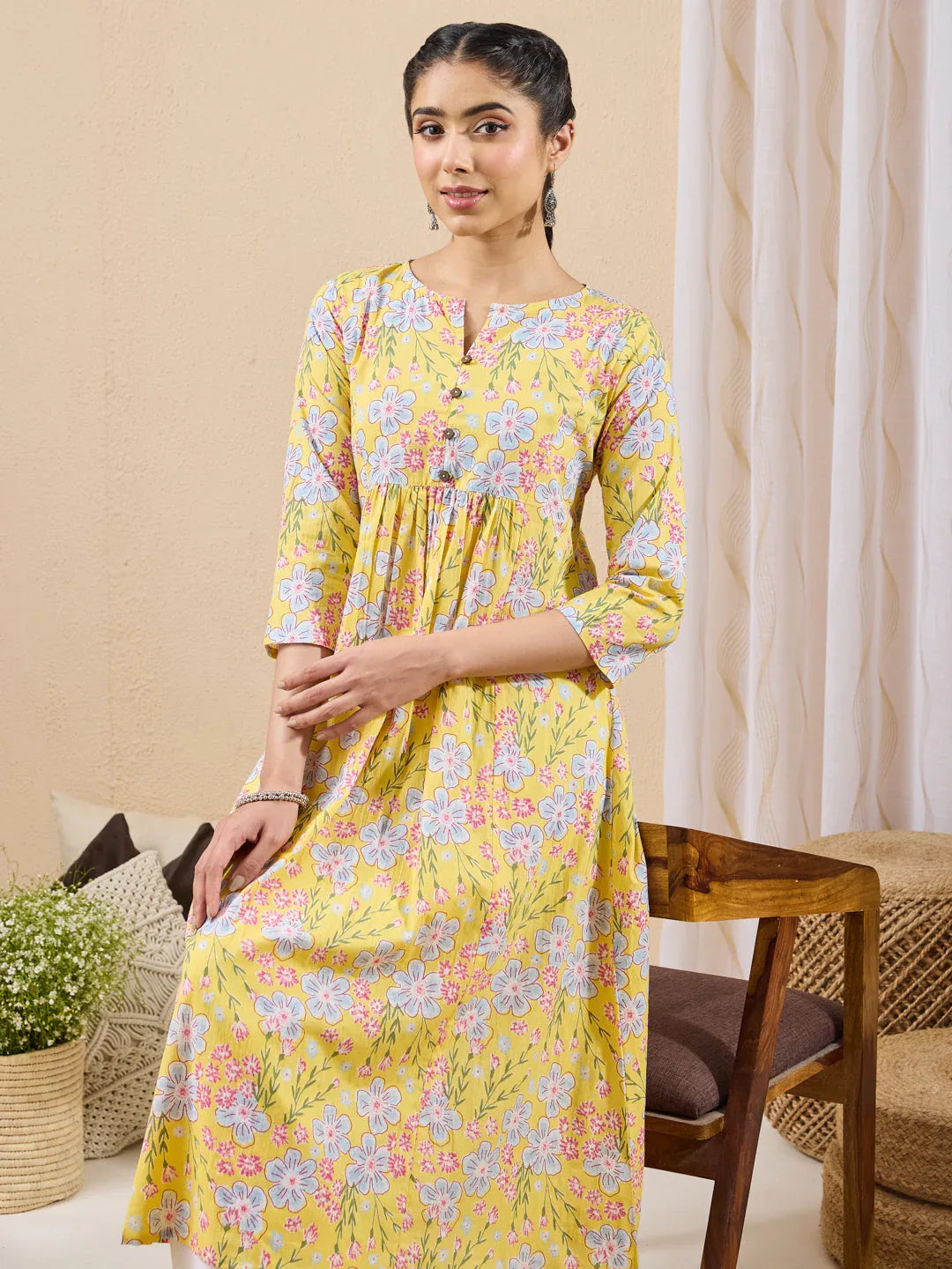 Janasya Women's Yellow Pure Cotton Floral Printed A-line Kurta