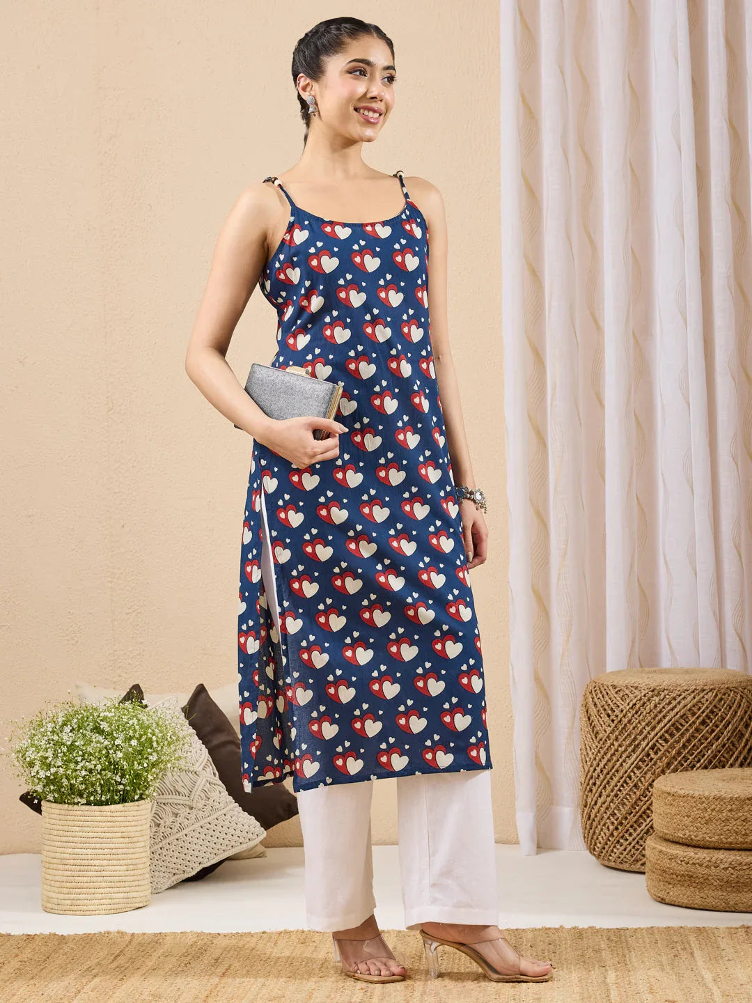 Janasya Women's Dark Blue Pure Cotton Printed Straight Kurta