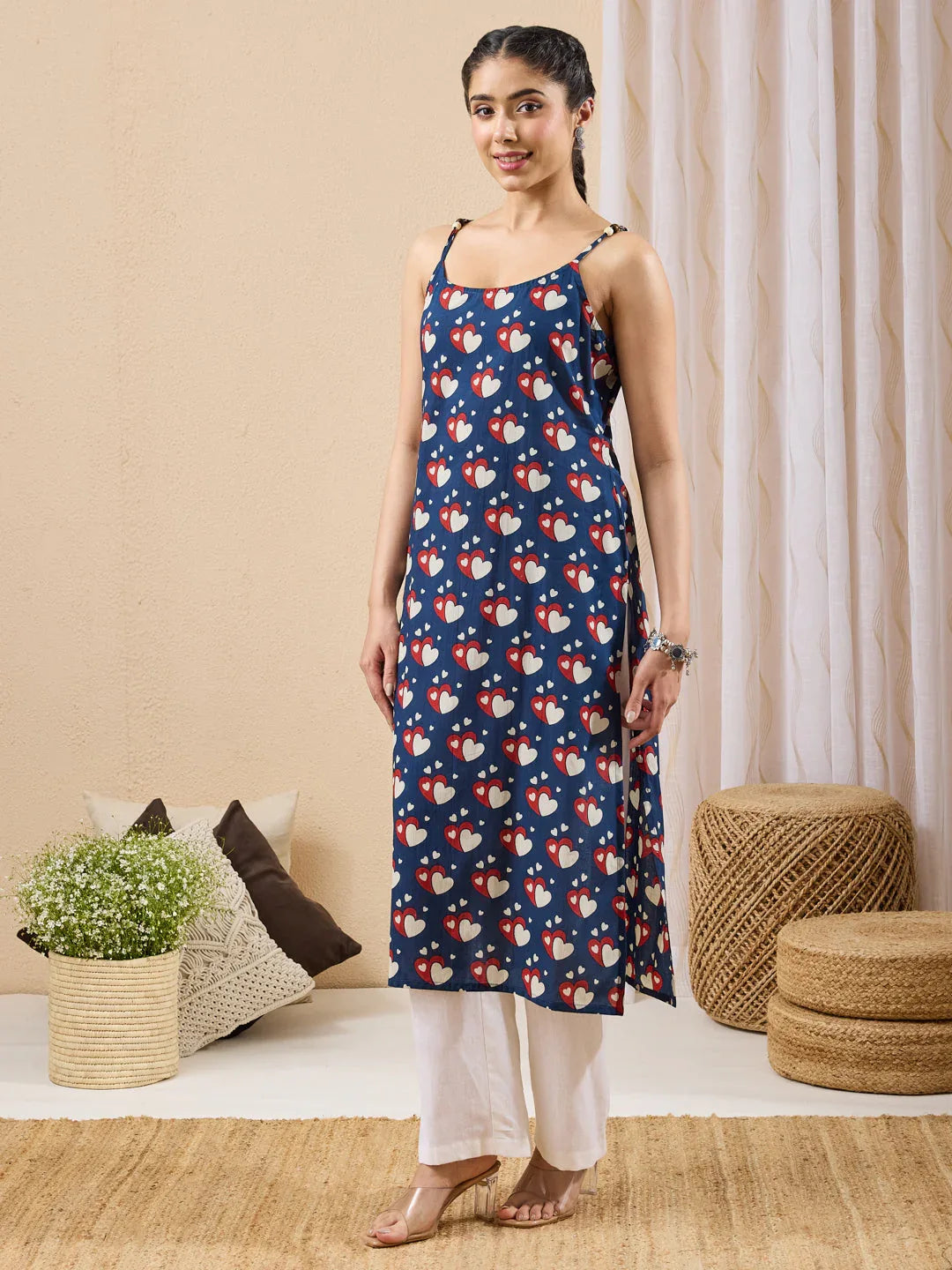 Janasya Women's Dark Blue Pure Cotton Printed Straight Kurta