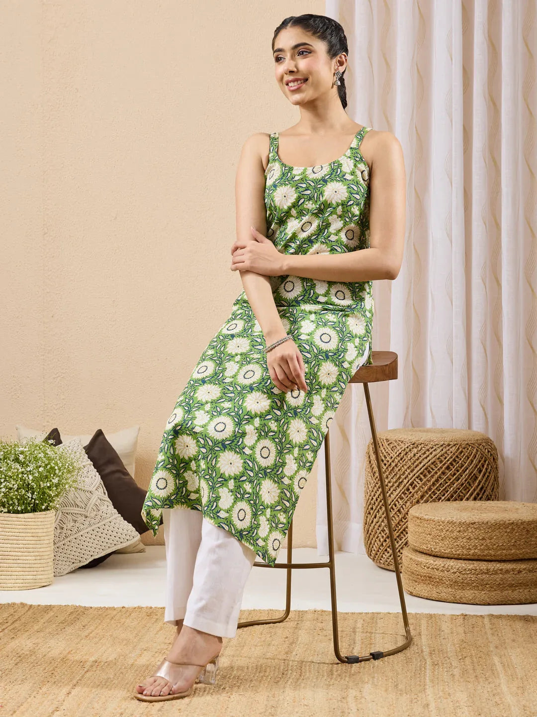 Janasya Women's Green Pure Cotton Floral Printed Straight Kurta