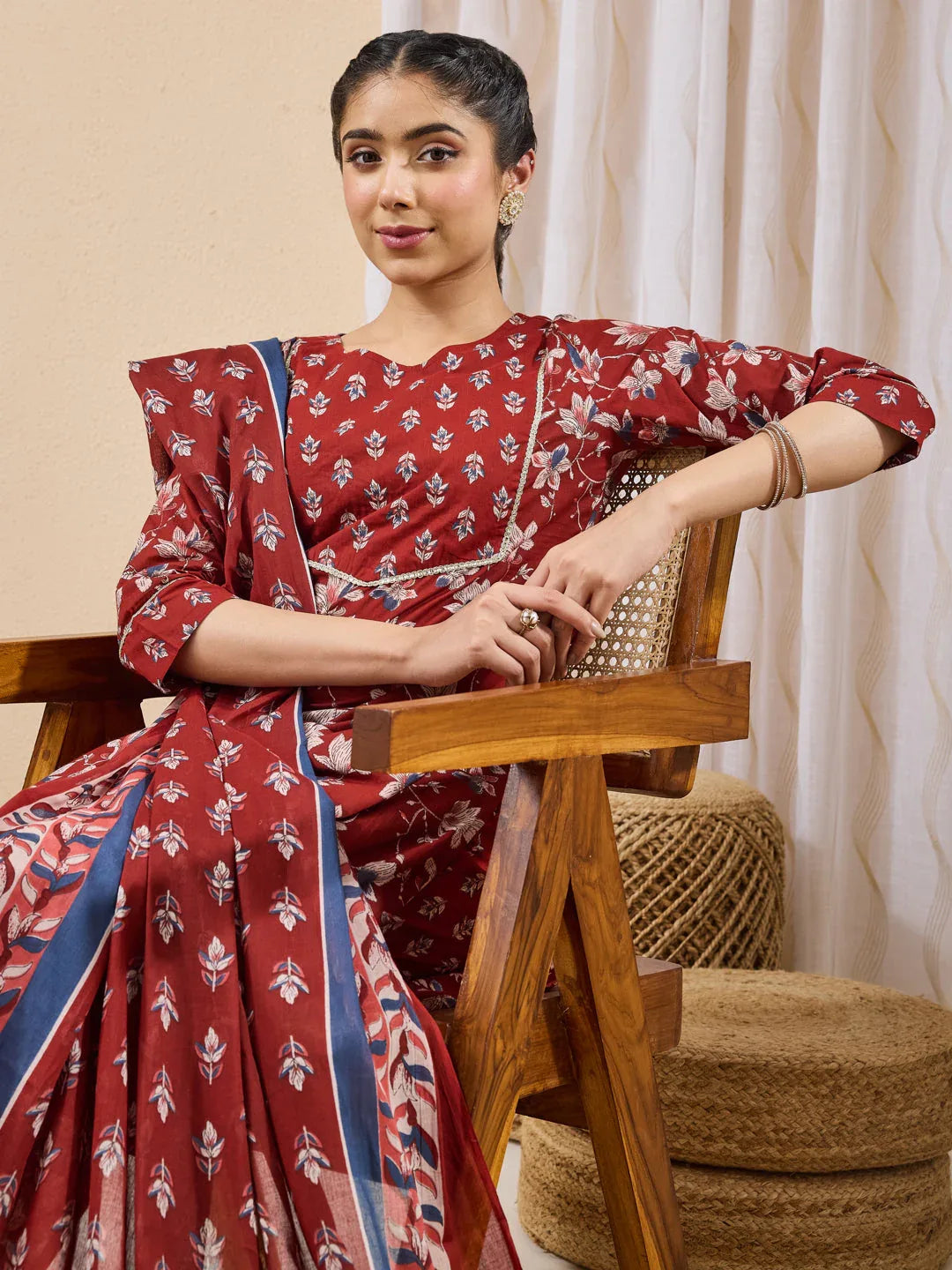 Janasya Women's Maroon Pure Cotton Floral Printed Straight Kurta Set