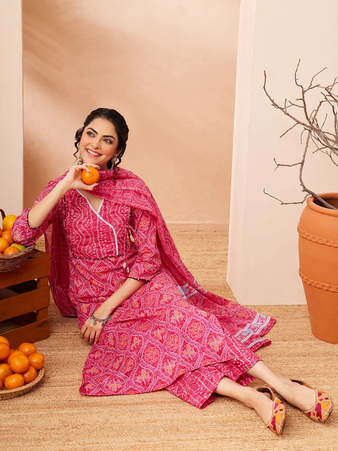 Janasya Women's Pink Pure Cotton Bandhani Printed Kurta Set
