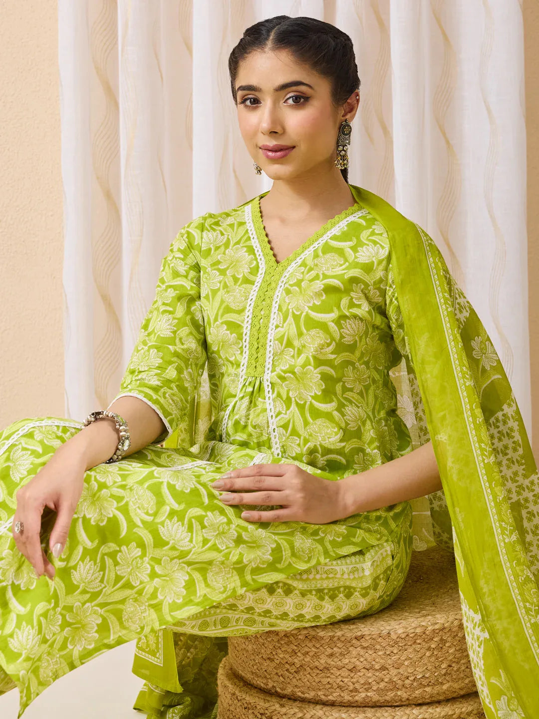Janasya Women's Lime Green Pure Cotton Floral Printed Straight Kurta Set