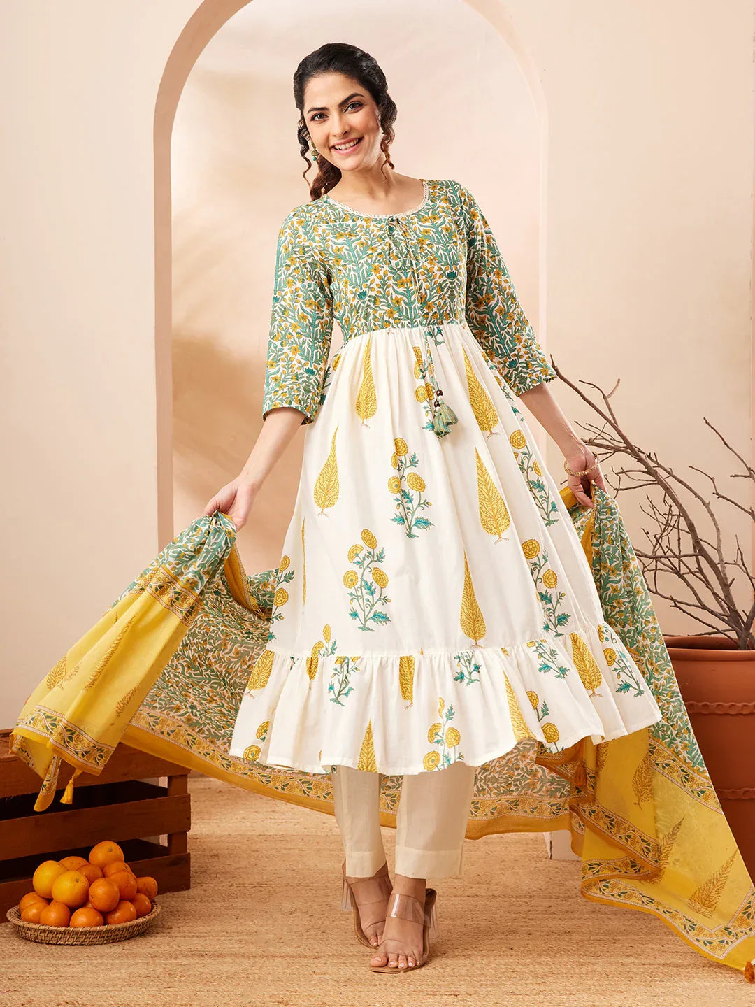 Janasya Women's Off White Pure Cotton Floral Printed Flared A-line Kurta Set