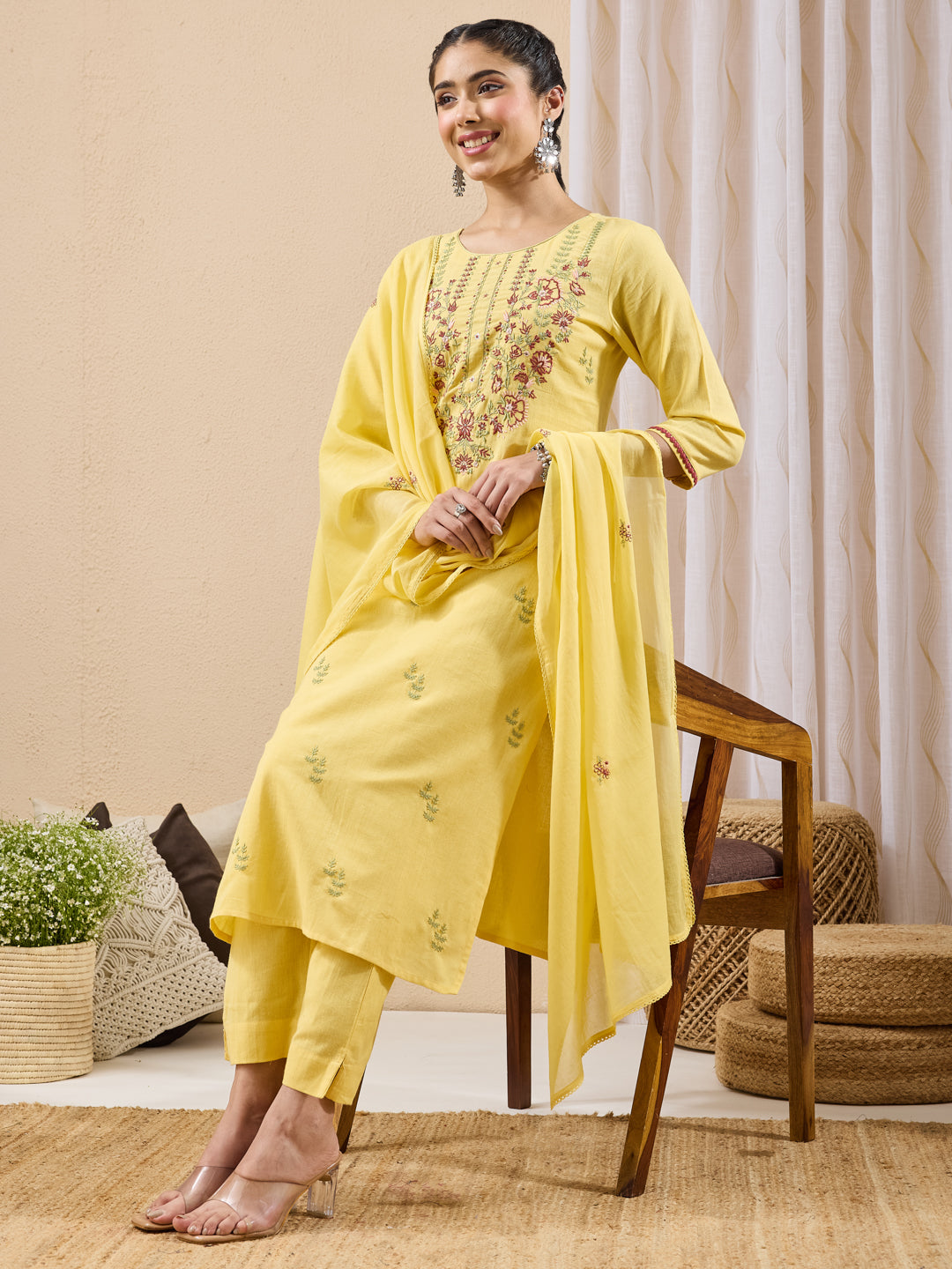 Janasya Women's Yellow Linen Cotton Embroidered Straight Kurta Set