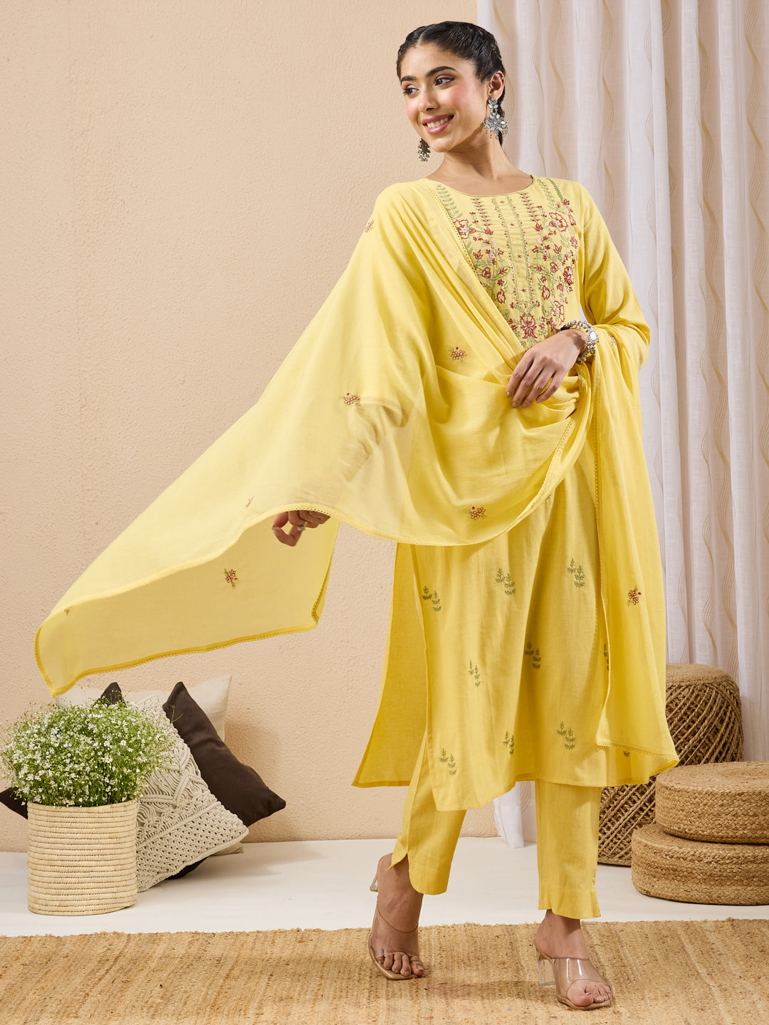 Janasya Women's Yellow Linen Cotton Embroidered Straight Kurta Set