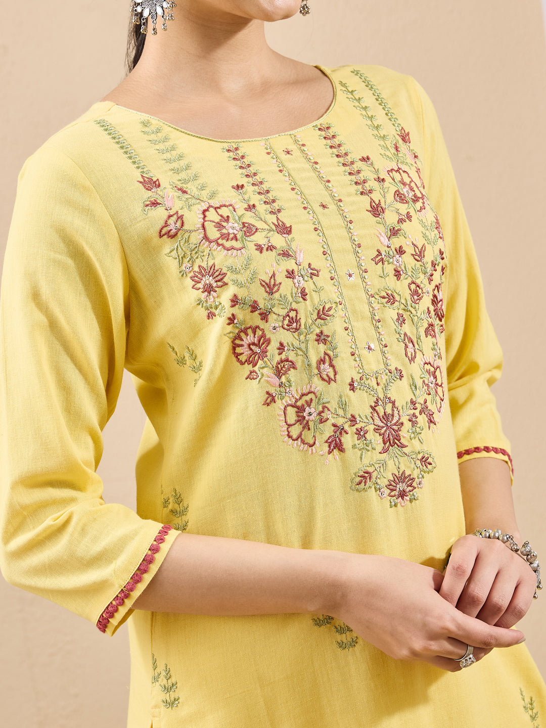 Janasya Women's Yellow Linen Cotton Embroidered Straight Kurta Set