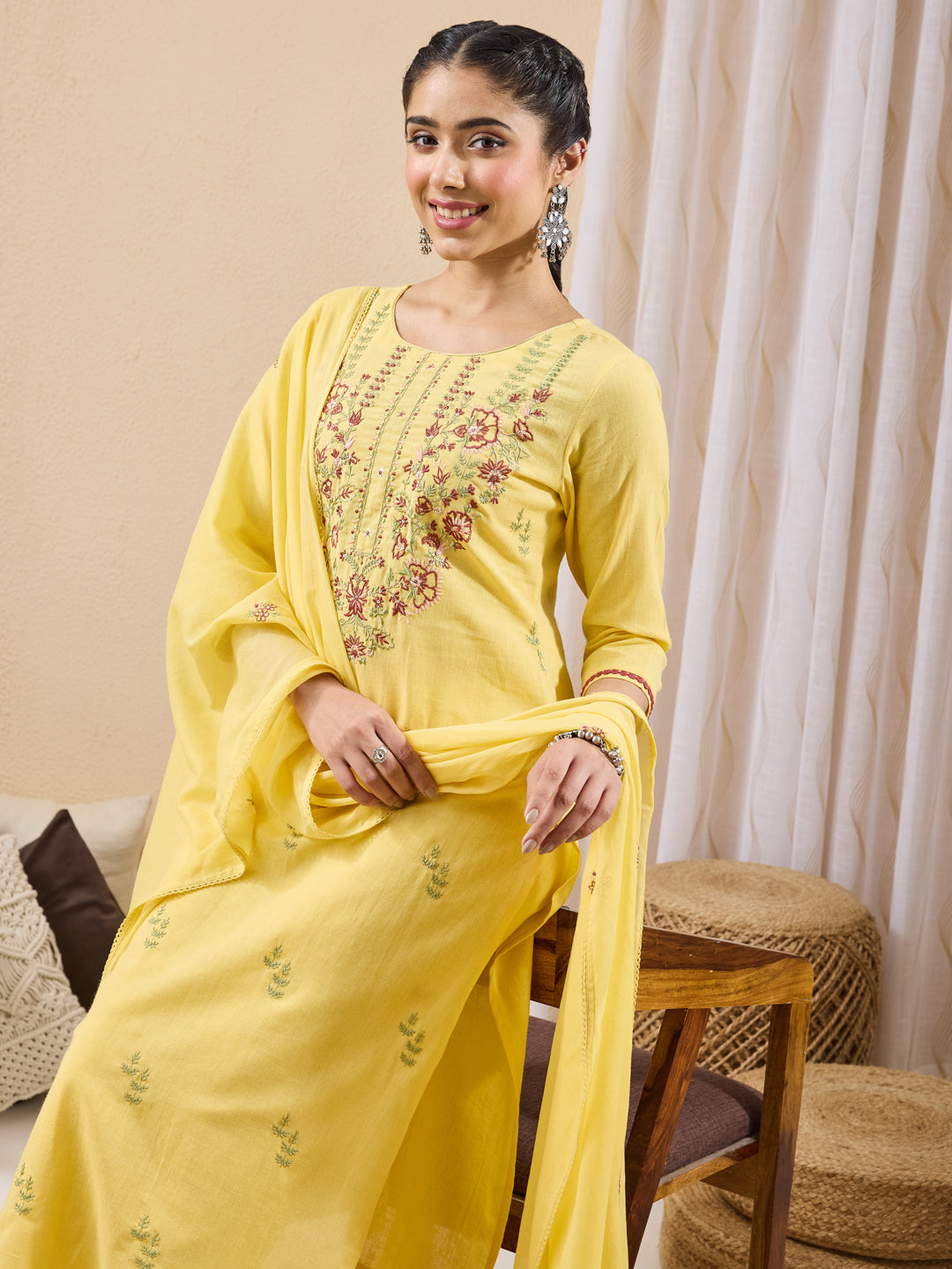 Janasya Women's Yellow Linen Cotton Embroidered Straight Kurta Set