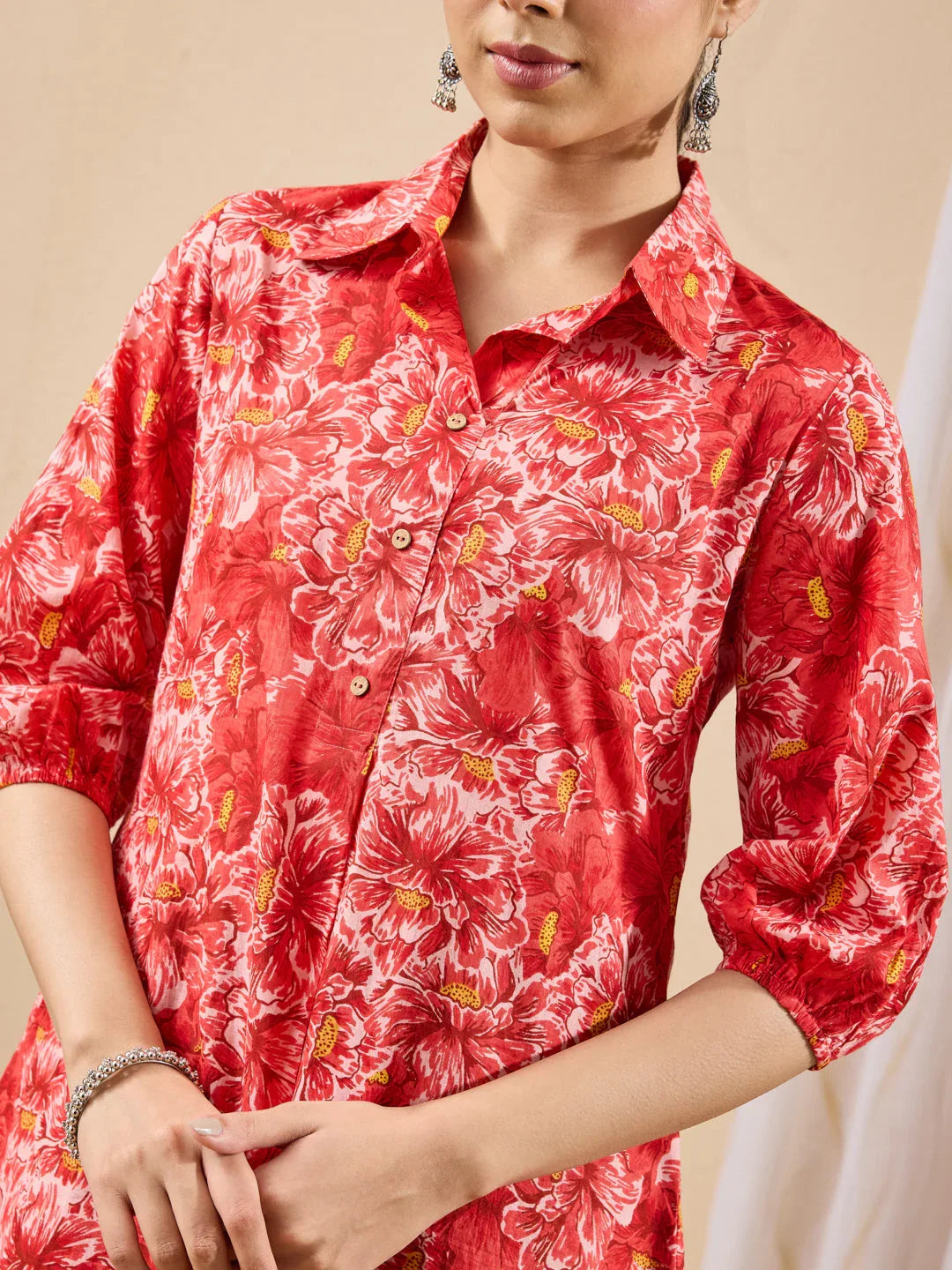 Janasya Women's Coral Pure Cotton Floral Printed A-line Tunic
