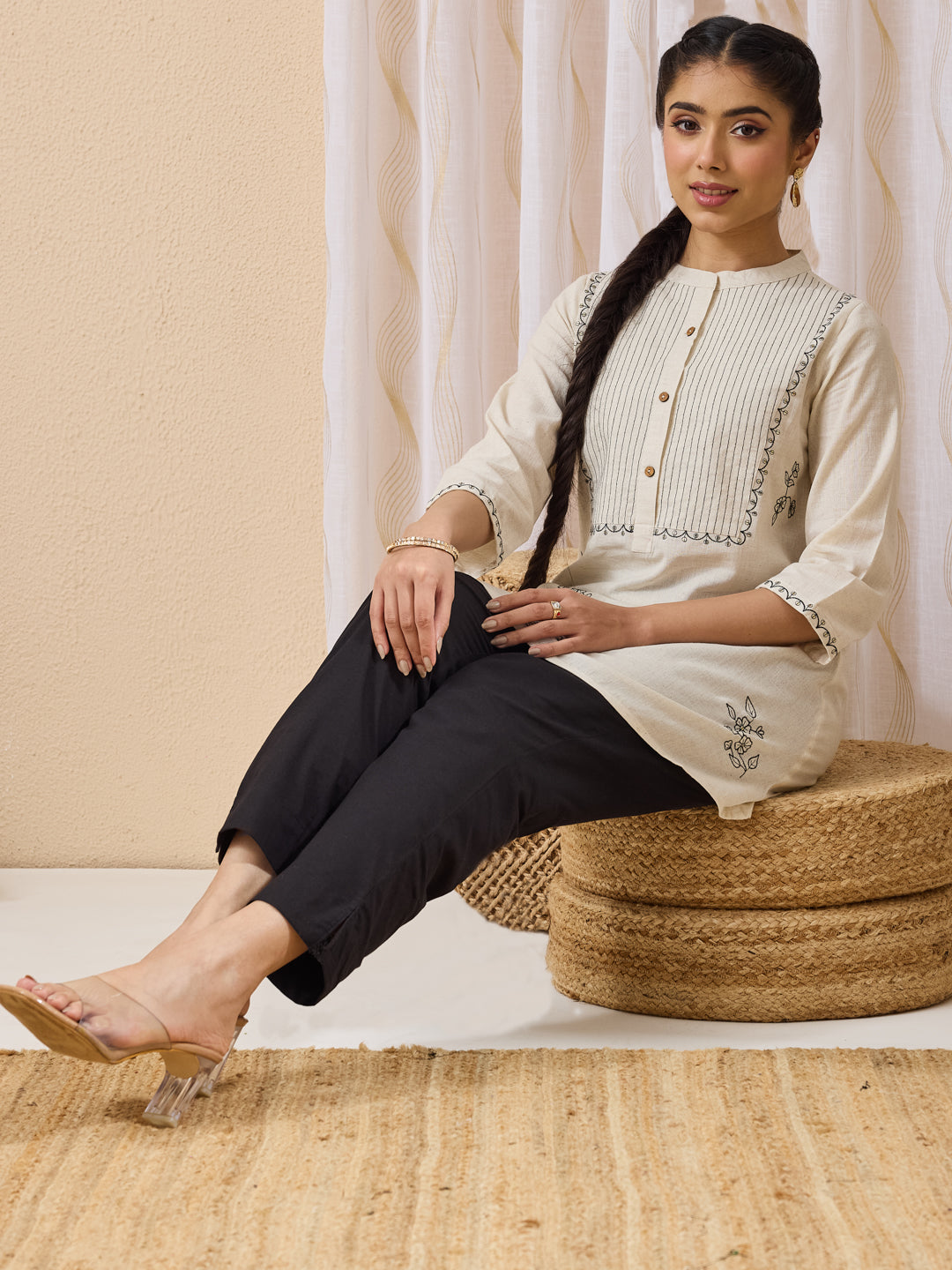 Janasya Women's Cream Linen Cotton Embroidered A-Line Tunic