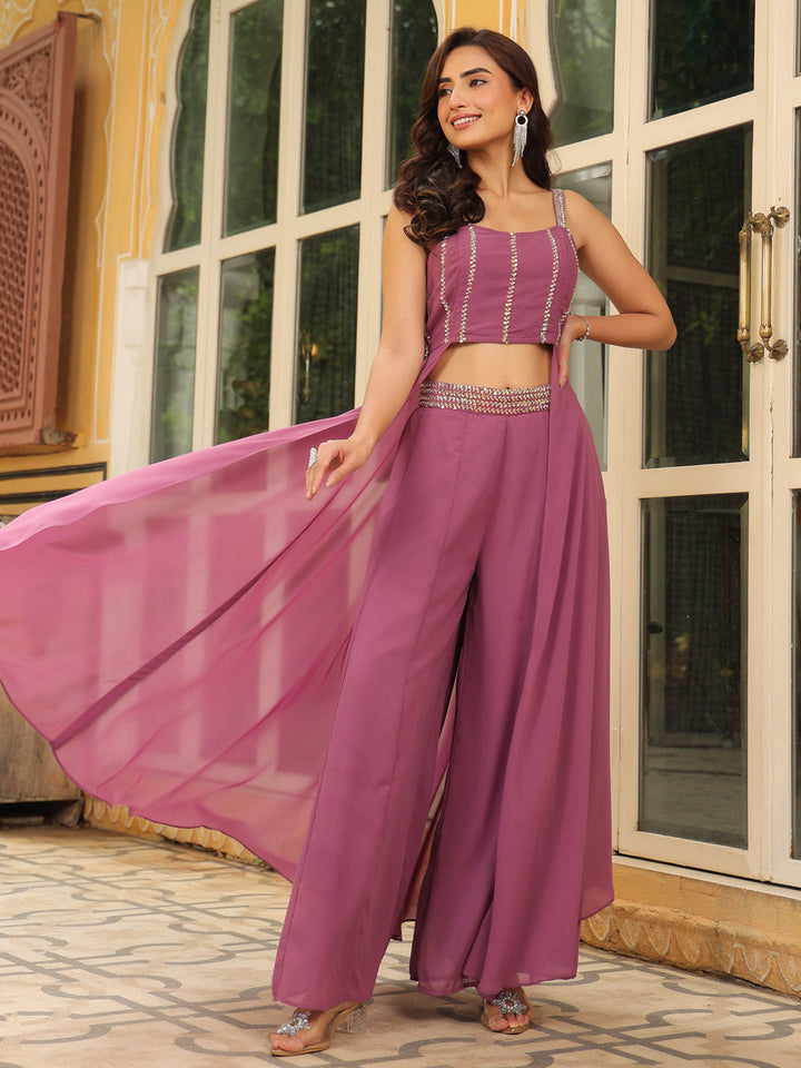 Lavender Georgette Embellished Flared Co-Ord Set  - By Janasya